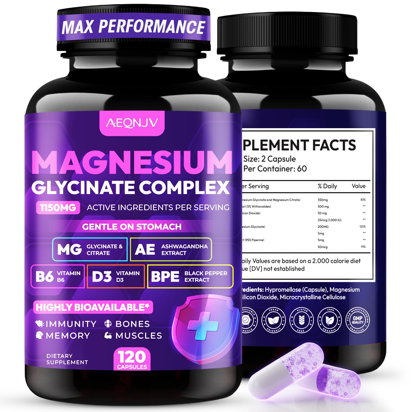 Magnesium Glycinate Complex 1150mg - Gentle on Stomach High Absorption Magnesium Capsules with Citrate, Silica, Ashwagandha & Vitamin B6 for Zzz, Stress Relief, Muscle Support for Adults, Women & Men - TrustMedUSA