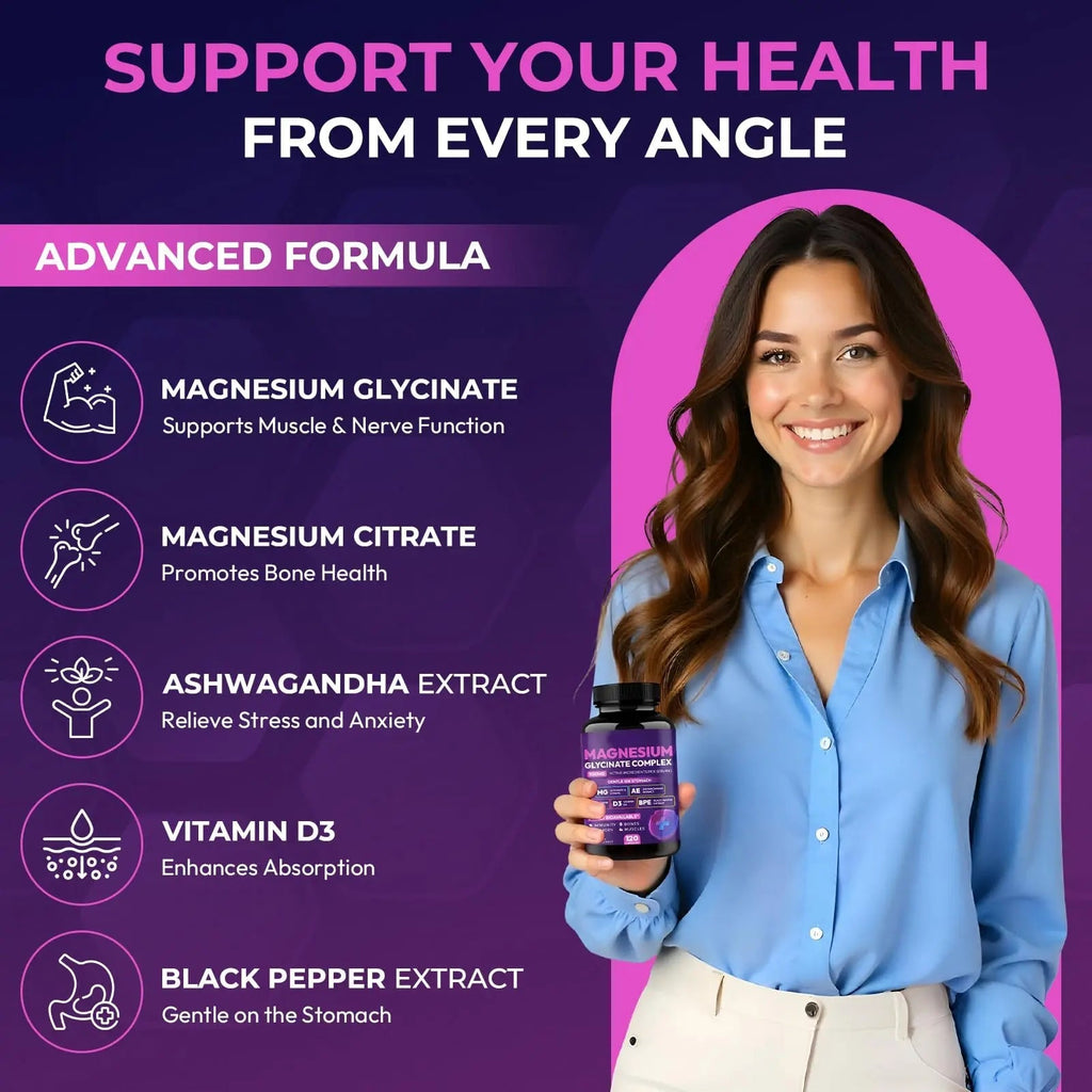 Magnesium Glycinate Complex 1150mg - Gentle on Stomach High Absorption Magnesium Capsules with Citrate, Silica, Ashwagandha & Vitamin B6 for Zzz, Stress Relief, Muscle Support for Adults, Women & Men - TrustMedUSA