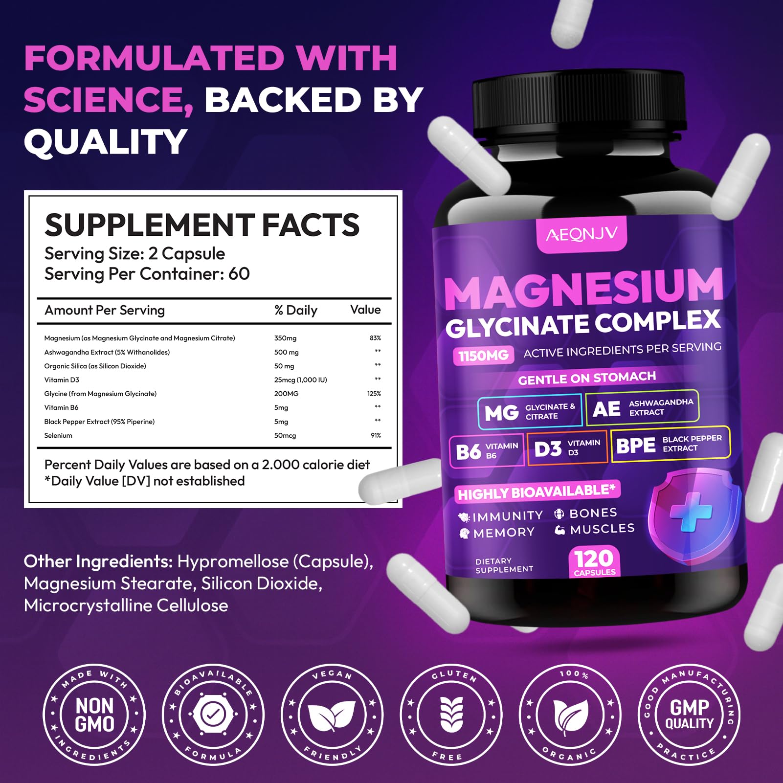 Magnesium Glycinate Complex 1150mg - Gentle on Stomach High Absorption Magnesium Capsules with Citrate, Silica, Ashwagandha & Vitamin B6 for Zzz, Stress Relief, Muscle Support for Adults, Women & Men - TrustMedUSA