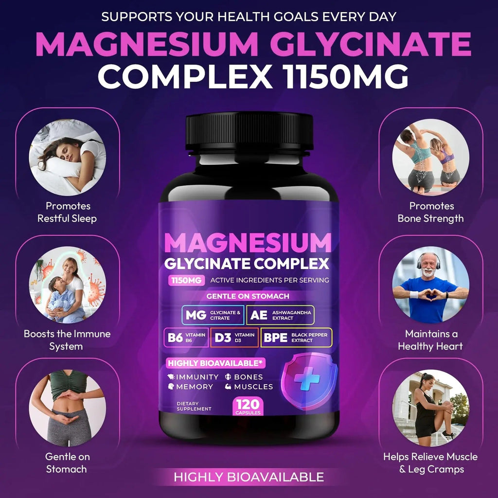 Magnesium Glycinate Complex 1150mg - Gentle on Stomach High Absorption Magnesium Capsules with Citrate, Silica, Ashwagandha & Vitamin B6 for Zzz, Stress Relief, Muscle Support for Adults, Women & Men - TrustMedUSA