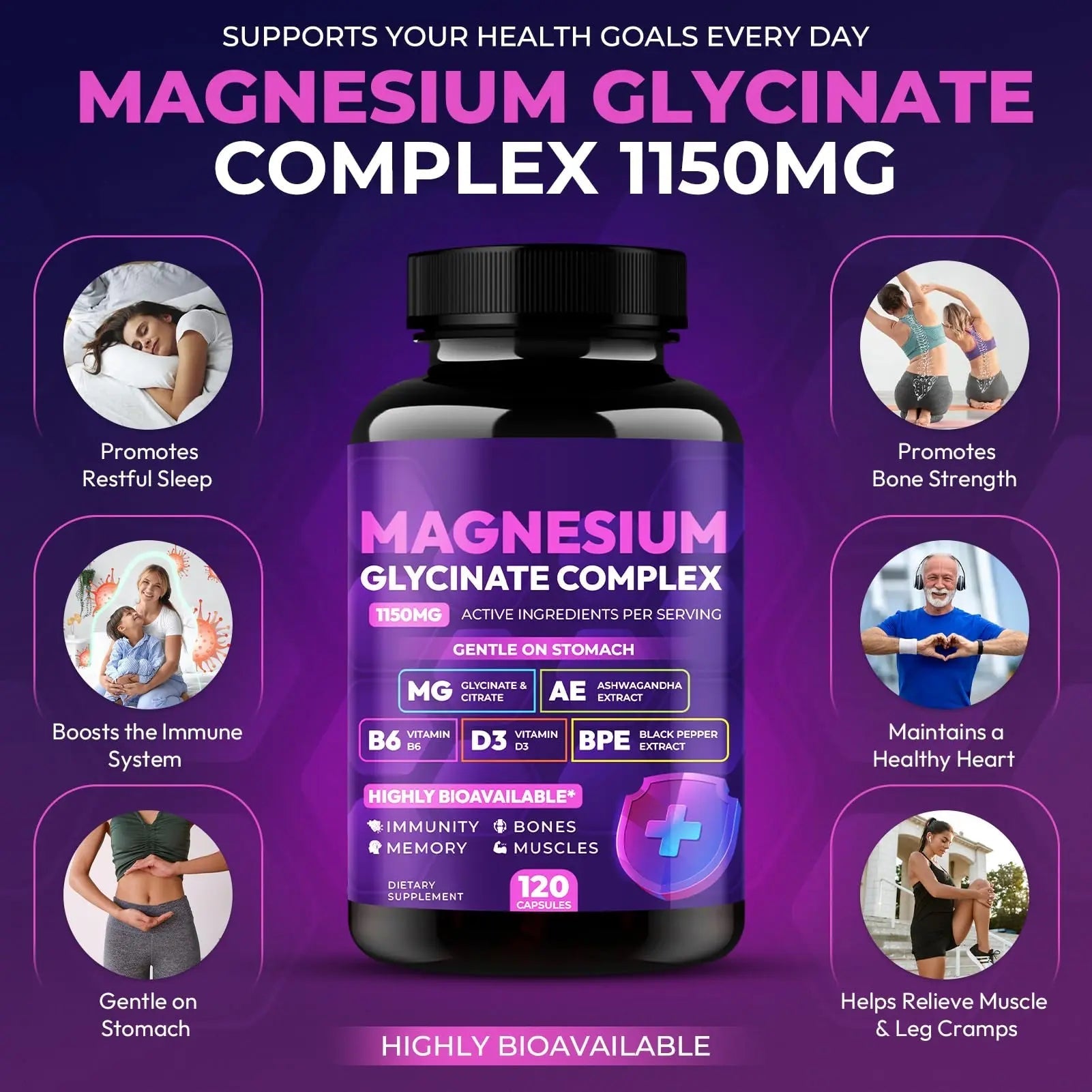 Magnesium Glycinate Complex 1150mg - Gentle on Stomach High Absorption Magnesium Capsules with Citrate, Silica, Ashwagandha & Vitamin B6 for Zzz, Stress Relief, Muscle Support for Adults, Women & Men - TrustMedUSA