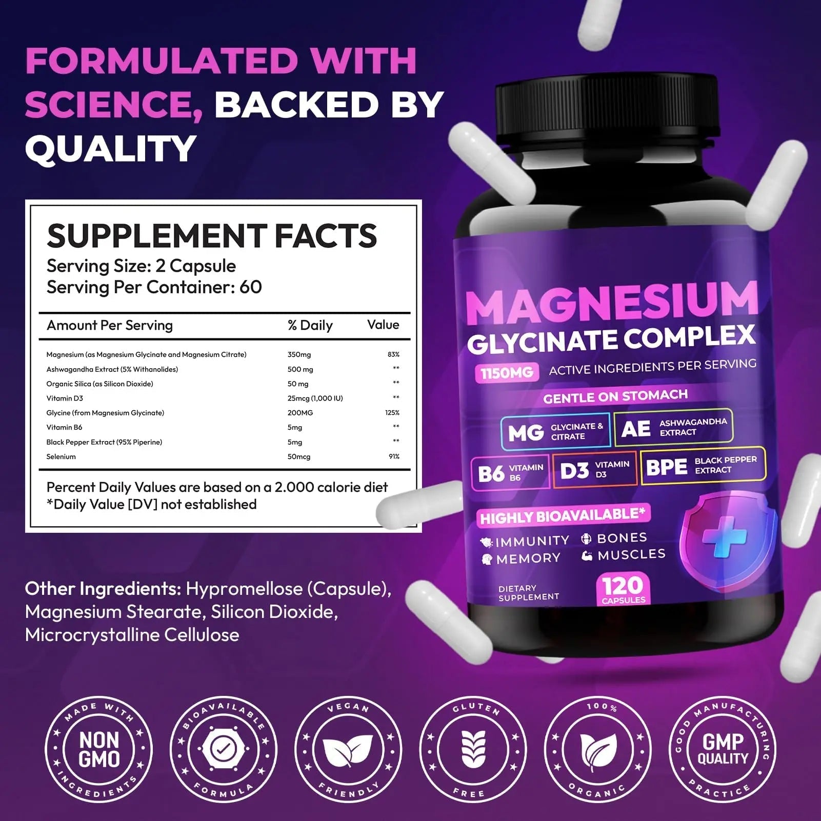 Magnesium Glycinate Complex 1150mg - Gentle on Stomach High Absorption Magnesium Capsules with Citrate, Silica, Ashwagandha & Vitamin B6 for Zzz, Stress Relief, Muscle Support for Adults, Women & Men - TrustMedUSA