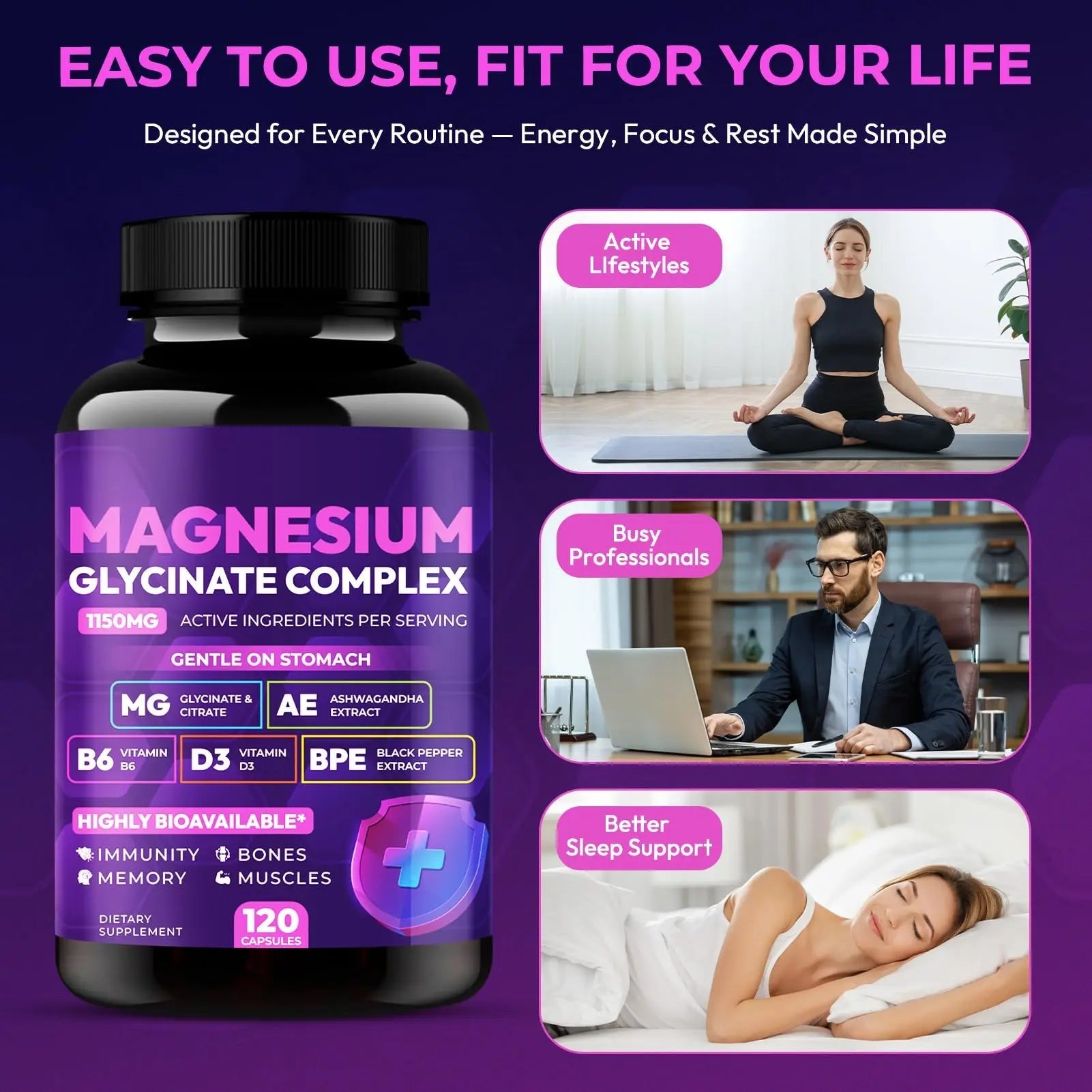 Magnesium Glycinate Complex 1150mg - Gentle on Stomach High Absorption Magnesium Capsules with Citrate, Silica, Ashwagandha & Vitamin B6 for Zzz, Stress Relief, Muscle Support for Adults, Women & Men - TrustMedUSA