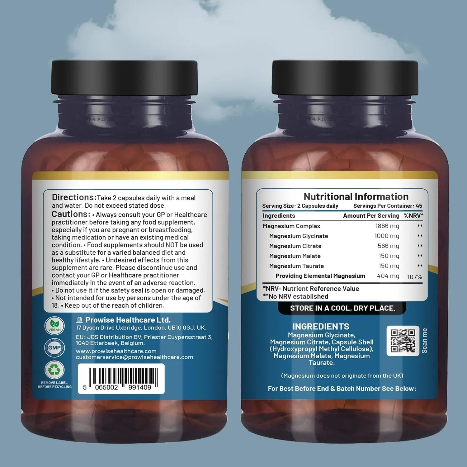 Magnesium Glycinate Complex 4 in 1-1866mg per Serving | Precise 404mg Elemental Magnesium dose | Added Magnesium Glycinate, Citrate, Malate & Taurate | 90 Vegan Capsules - by Prowise - TrustMedUSA