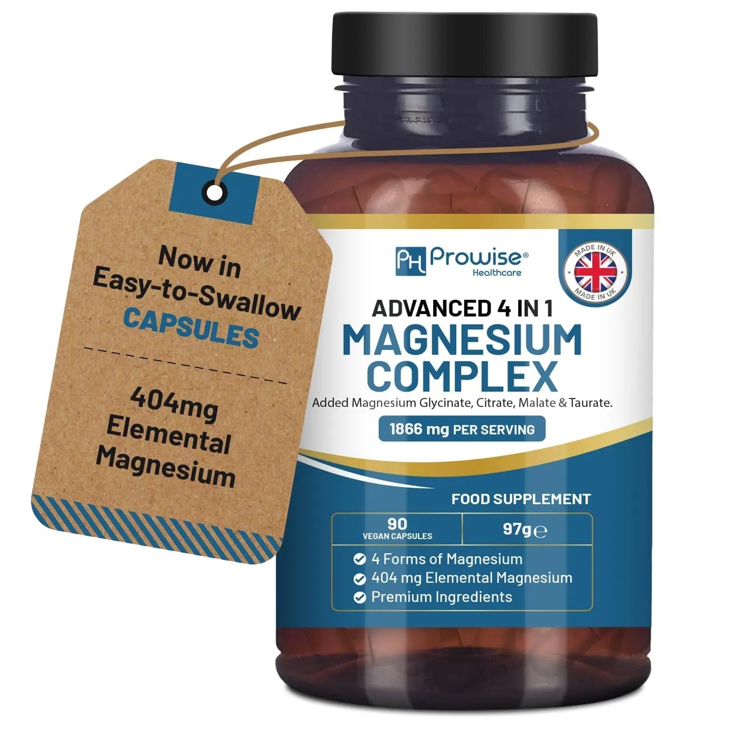 Magnesium Glycinate Complex 4 in 1-1866mg per Serving | Precise 404mg Elemental Magnesium dose | Added Magnesium Glycinate, Citrate, Malate & Taurate | 90 Vegan Capsules - by Prowise - TrustMedUSA