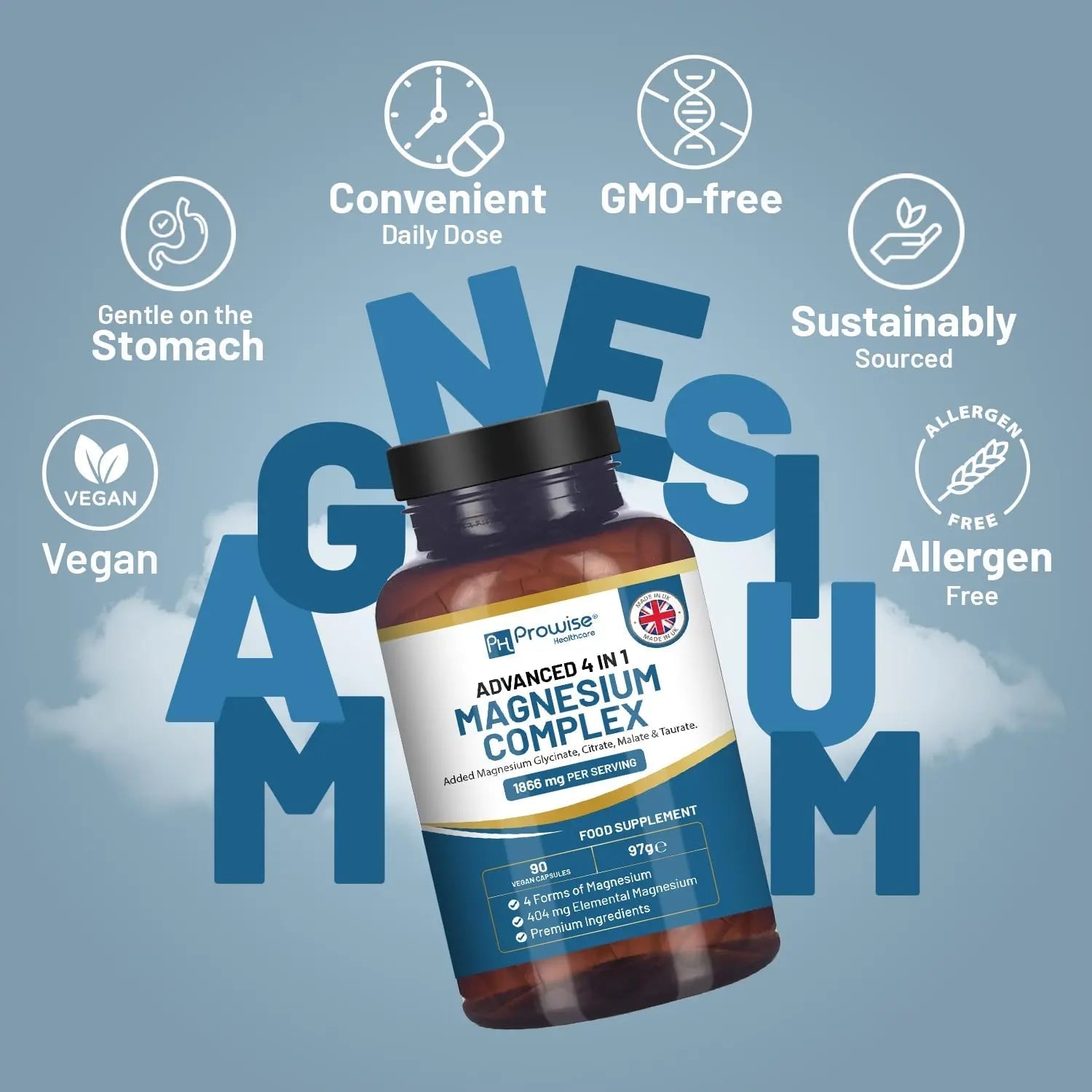 Magnesium Glycinate Complex 4 in 1-1866mg per Serving | Precise 404mg Elemental Magnesium dose | Added Magnesium Glycinate, Citrate, Malate & Taurate | 90 Vegan Capsules - by Prowise - TrustMedUSA