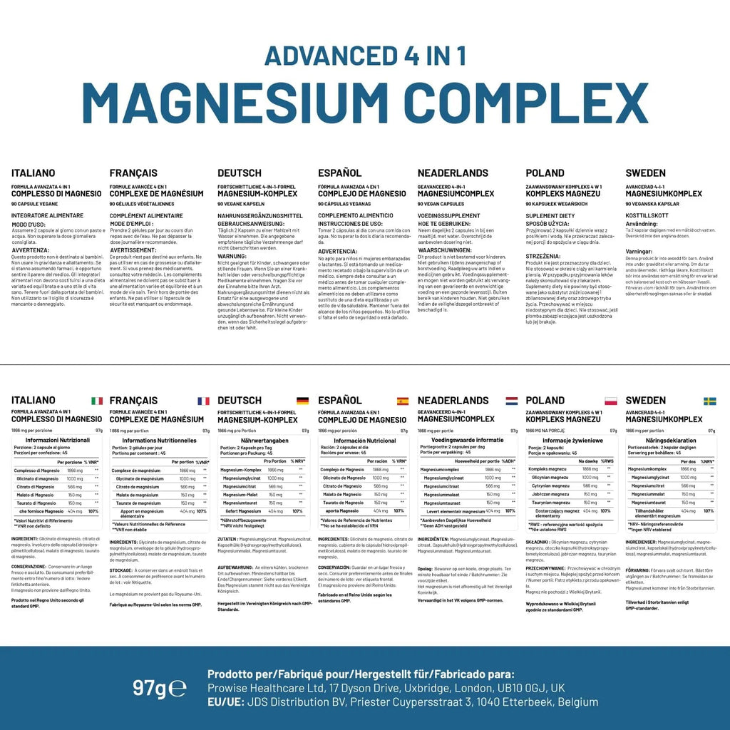 Magnesium Glycinate Complex 4 in 1-1866mg per Serving | Precise 404mg Elemental Magnesium dose | Added Magnesium Glycinate, Citrate, Malate & Taurate | 90 Vegan Capsules - by Prowise - TrustMedUSA