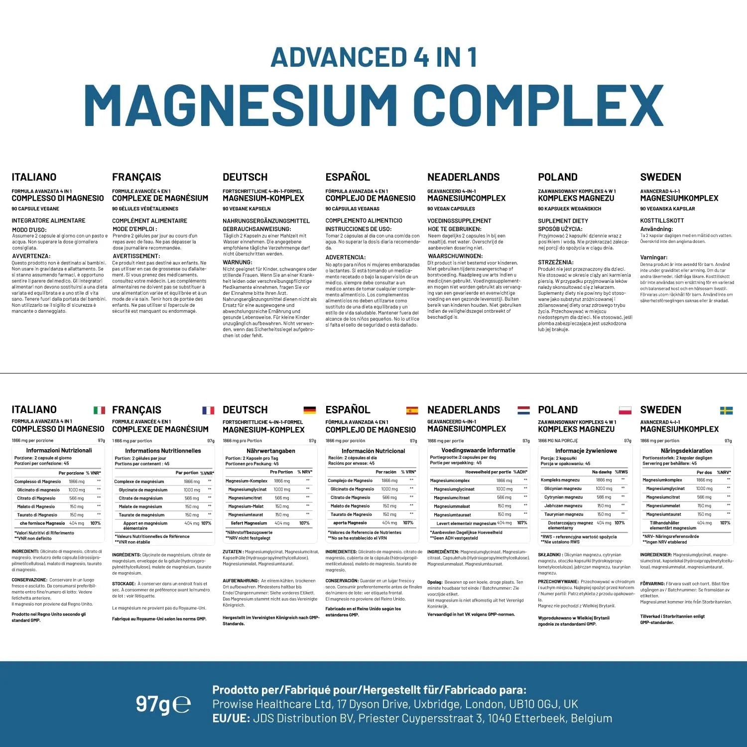 Magnesium Glycinate Complex 4 in 1-1866mg per Serving | Precise 404mg Elemental Magnesium dose | Added Magnesium Glycinate, Citrate, Malate & Taurate | 90 Vegan Capsules - by Prowise - TrustMedUSA