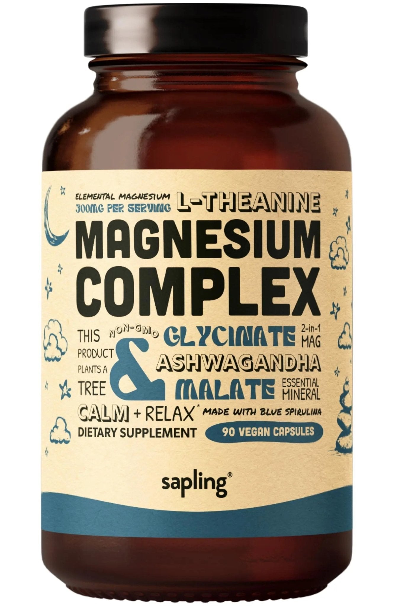 Magnesium Glycinate Complex Supplement - Chelated Magnesium Glycinate with Malate, Organic Ashwagandha, L-theanine & Blue Spirulina - High Absorption, Vegan, Non-GMO, 300mg, 90 Veggie Caps - TrustMedUSA