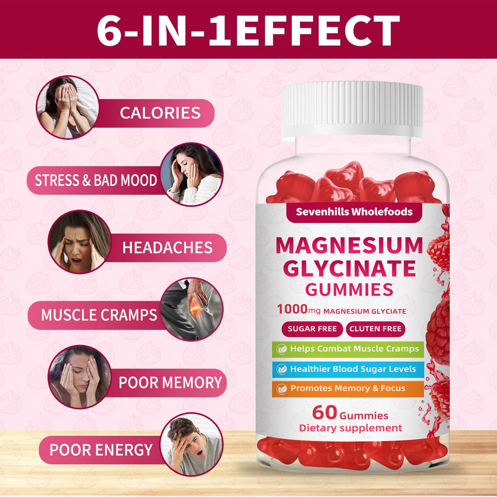 Magnesium Glycinate Gummies 1000mg - Sugar Free Magnesium Potassium Supplement for Relaxation, Calm, Stress Relief, and Sleep Support for Adults & Kids - 60 Raspberry Gummies - TrustMedUSA