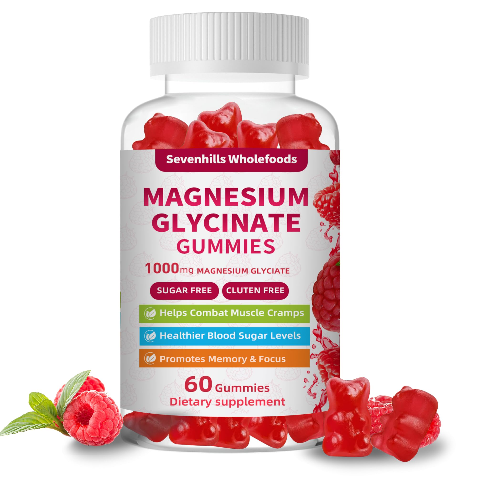 Magnesium Glycinate Gummies 1000mg - Sugar Free Magnesium Potassium Supplement for Relaxation, Calm, Stress Relief, and Sleep Support for Adults & Kids - 60 Raspberry Gummies - TrustMedUSA