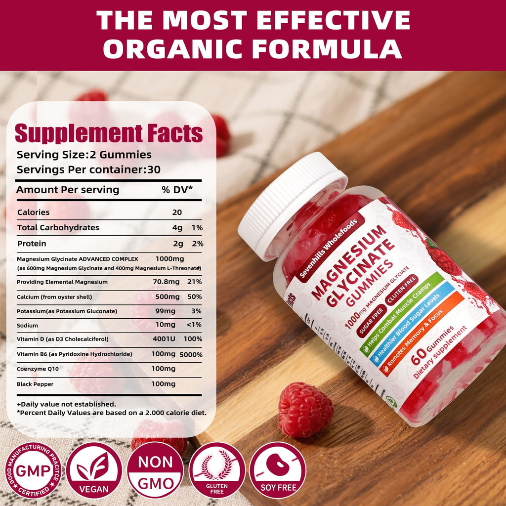 Magnesium Glycinate Gummies 1000mg - Sugar Free Magnesium Potassium Supplement for Relaxation, Calm, Stress Relief, and Sleep Support for Adults & Kids - 60 Raspberry Gummies - TrustMedUSA