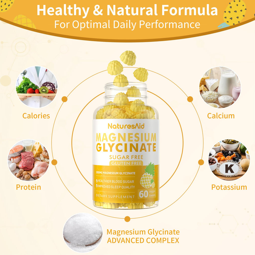Magnesium Glycinate Gummies 1000mg - Sugar Free Magnesium Potassium Supplement with Vitamin D, B6, CoQ10 for Calm Mood & Sleep Support - 60 Pineapple Gummies -1 Pack - TrustMedUSA