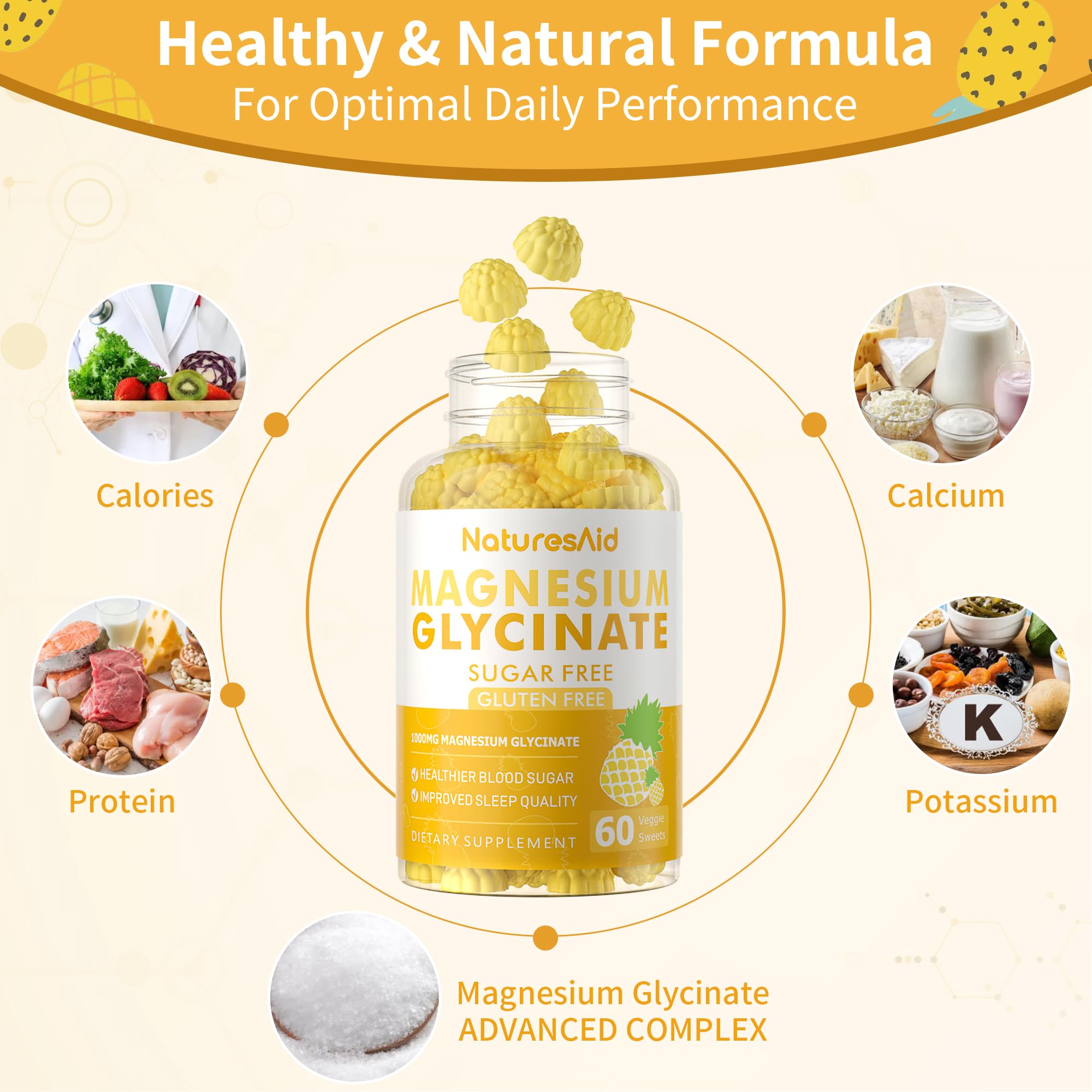 Magnesium Glycinate Gummies 1000mg - Sugar Free Magnesium Potassium Supplement with Vitamin D, B6, CoQ10 for Calm Mood & Sleep Support - 60 Pineapple Gummies -1 Pack - TrustMedUSA