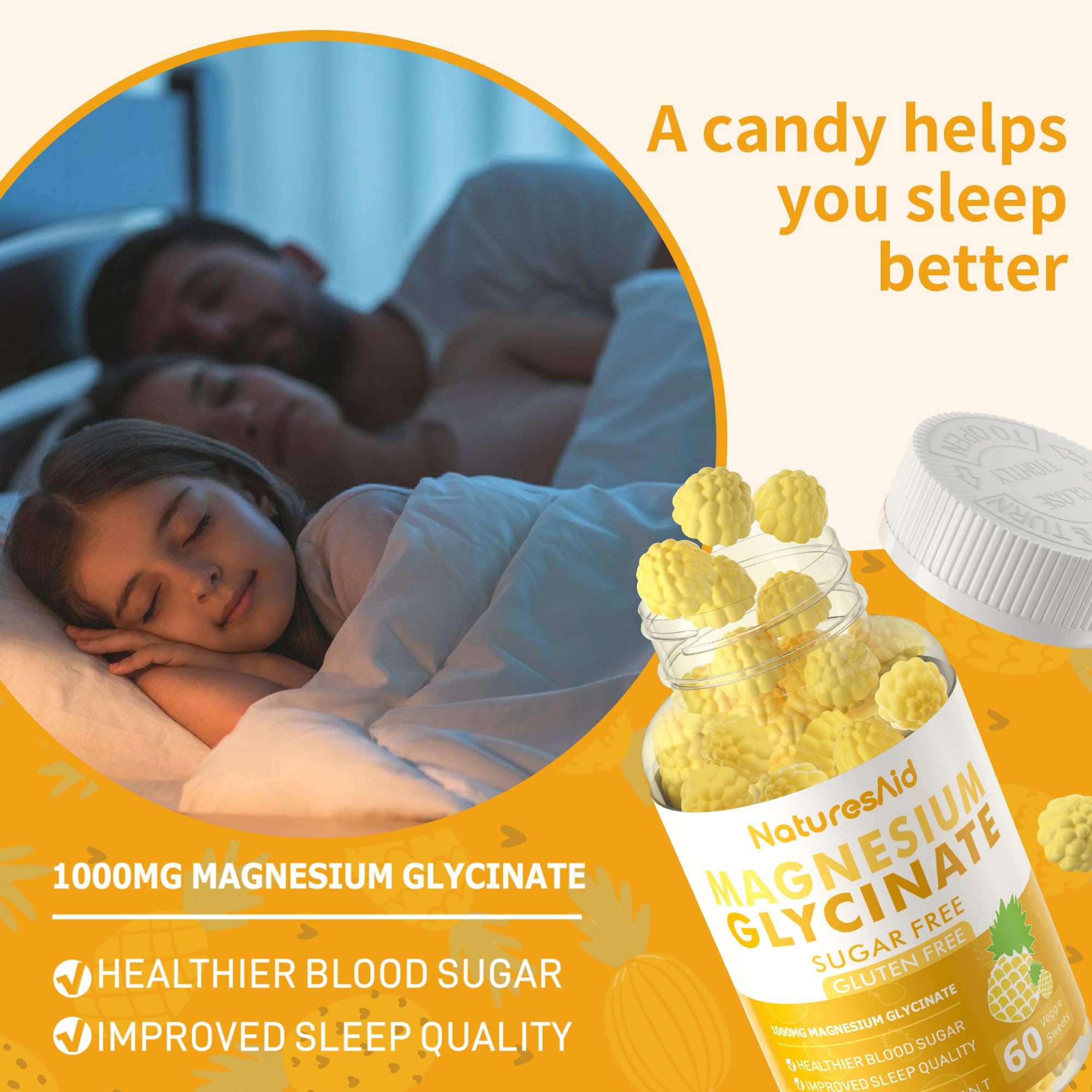 Magnesium Glycinate Gummies 1000mg - Sugar Free Magnesium Potassium Supplement with Vitamin D, B6, CoQ10 for Calm Mood & Sleep Support - 60 Pineapple Gummies -1 Pack - TrustMedUSA