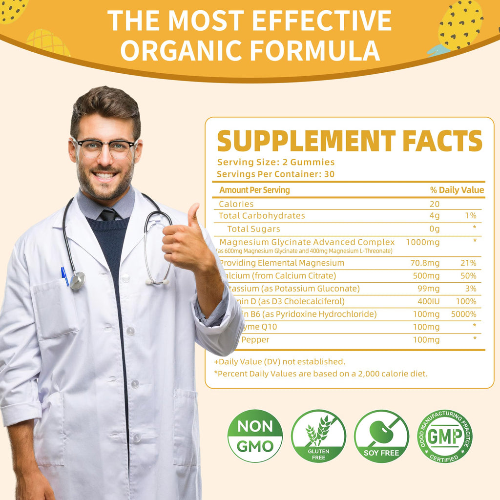 Magnesium Glycinate Gummies 1000mg - Sugar Free Magnesium Potassium Supplement with Vitamin D, B6, CoQ10 for Calm Mood & Sleep Support - 60 Pineapple Gummies -1 Pack - TrustMedUSA