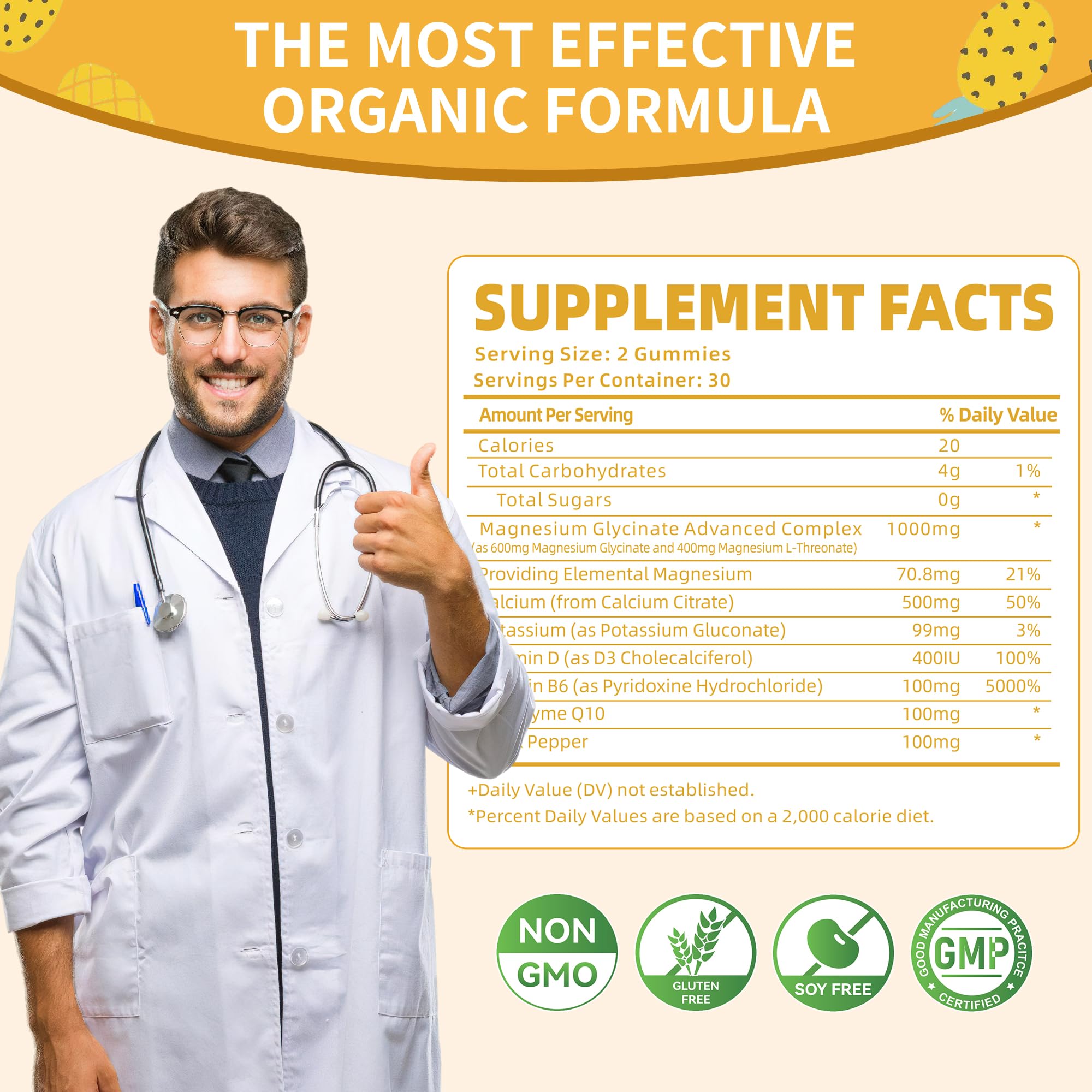 Magnesium Glycinate Gummies 1000mg - Sugar Free Magnesium Potassium Supplement with Vitamin D, B6, CoQ10 for Calm Mood & Sleep Support - 60 Pineapple Gummies -1 Pack - TrustMedUSA