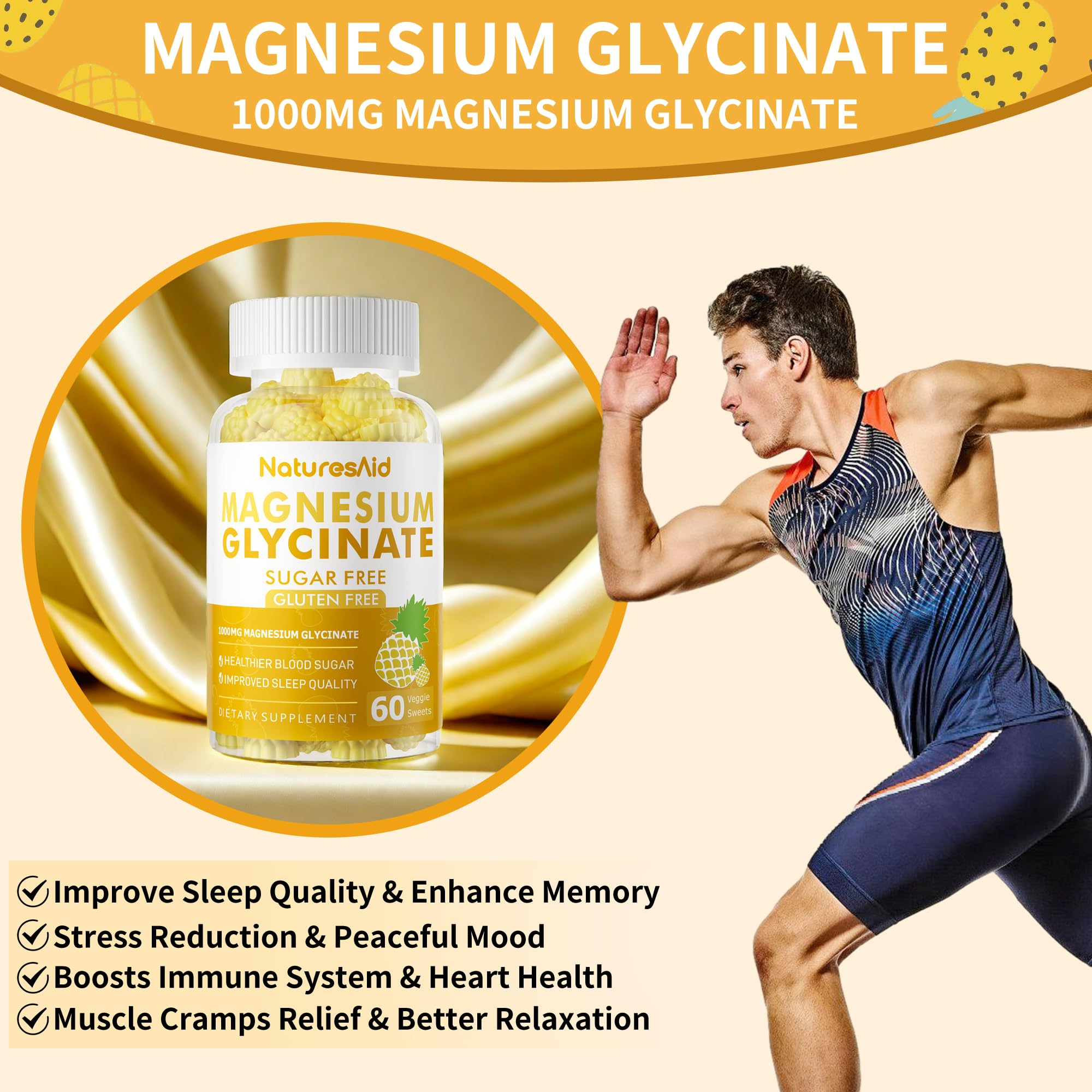 Magnesium Glycinate Gummies 1000mg - Sugar Free Magnesium Potassium Supplement with Vitamin D, B6, CoQ10 for Calm Mood & Sleep Support - 60 Pineapple Gummies -1 Pack - TrustMedUSA