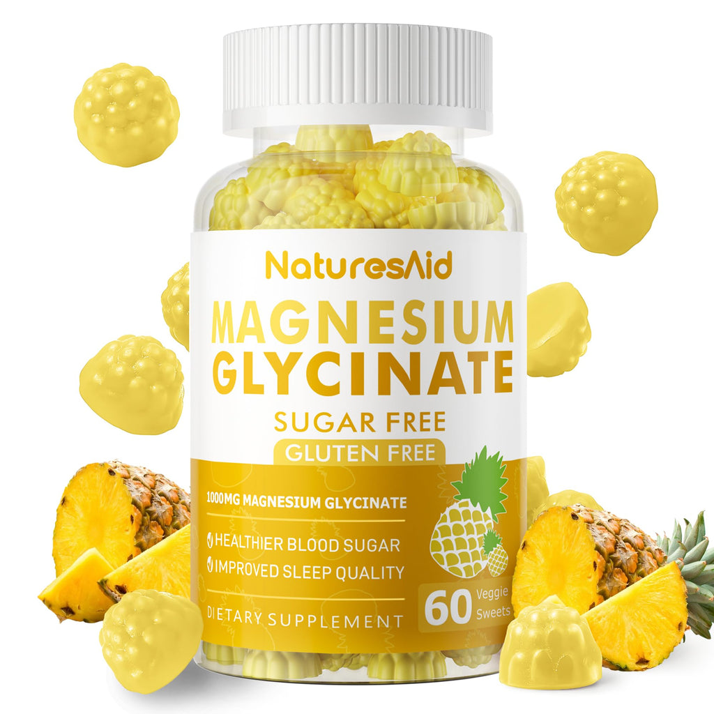 Magnesium Glycinate Gummies 1000mg - Sugar Free Magnesium Potassium Supplement with Vitamin D, B6, CoQ10 for Calm Mood & Sleep Support - 60 Pineapple Gummies -1 Pack - TrustMedUSA