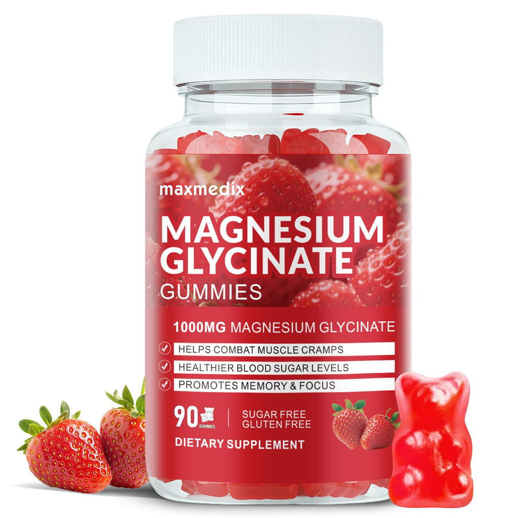 Magnesium Glycinate Gummies 1000mg, Sugar Free Magnesium Potassium Supplements Chewable for Adults with L-Threonate for Sleep, Body Support and Relaxation,90 Strawberry Gummies - TrustMedUSA