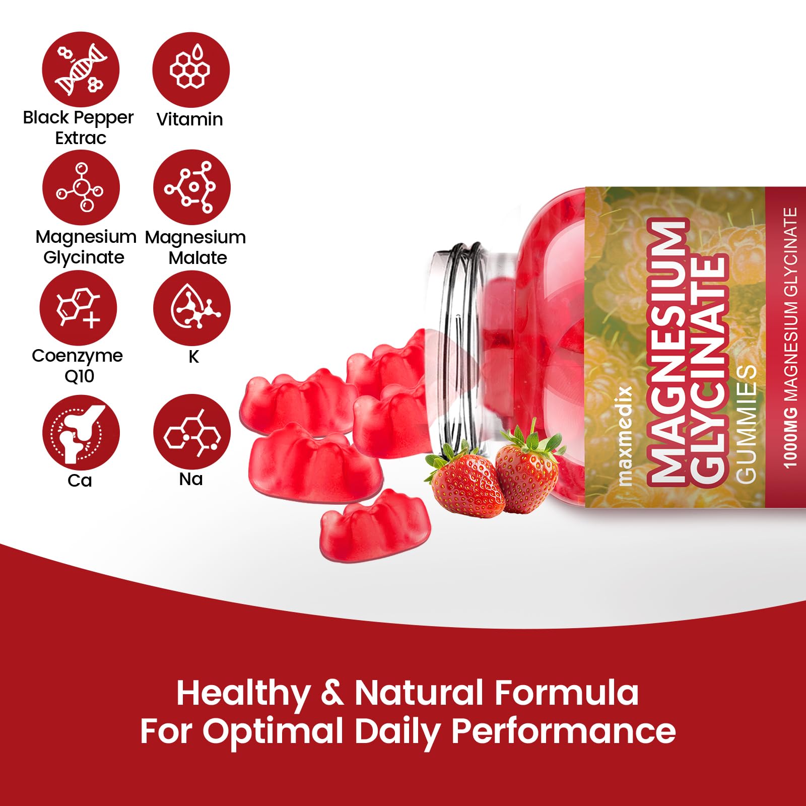 Magnesium Glycinate Gummies 1000mg, Sugar Free Magnesium Potassium Supplements Chewable for Adults with L-Threonate for Sleep, Body Support and Relaxation,90 Strawberry Gummies - TrustMedUSA