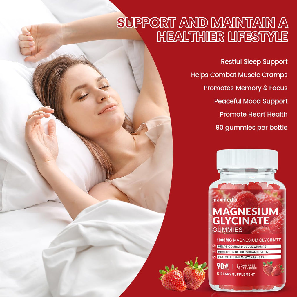 Magnesium Glycinate Gummies 1000mg, Sugar Free Magnesium Potassium Supplements Chewable for Adults with L-Threonate for Sleep, Body Support and Relaxation,90 Strawberry Gummies - TrustMedUSA
