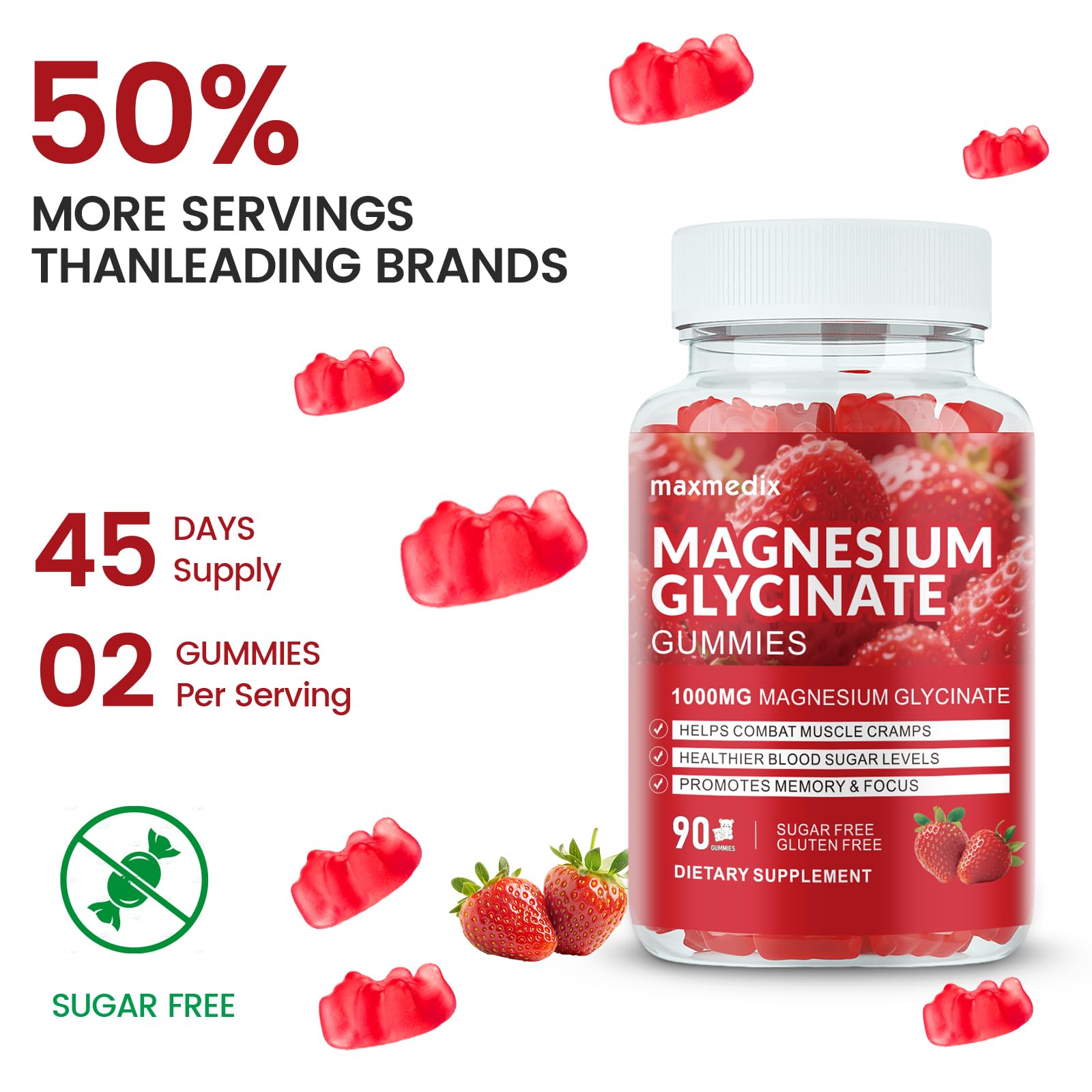 Magnesium Glycinate Gummies 1000mg, Sugar Free Magnesium Potassium Supplements Chewable for Adults with L-Threonate for Sleep, Body Support and Relaxation,90 Strawberry Gummies - TrustMedUSA