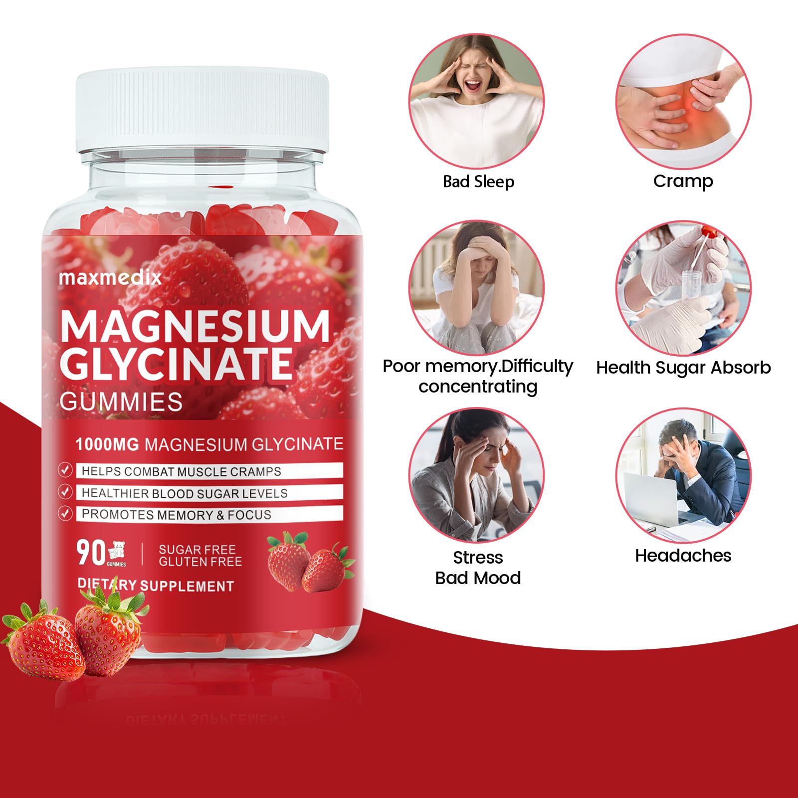 Magnesium Glycinate Gummies 1000mg, Sugar Free Magnesium Potassium Supplements Chewable for Adults with L-Threonate for Sleep, Body Support and Relaxation,90 Strawberry Gummies - TrustMedUSA