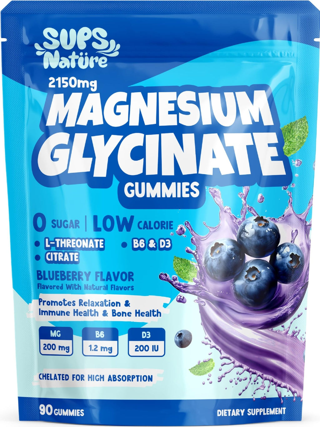 Magnesium Glycinate Gummies 2150 mg with Magnesium L-Threonate for Adults, Melatonin Free, High Absorption, Blueberry Flavor, 90 Count - TrustMedUSA