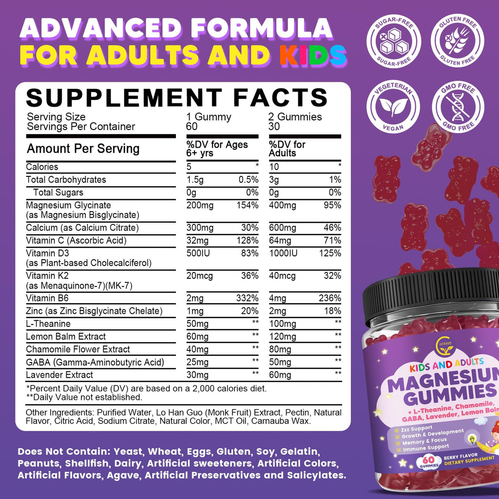 Magnesium Glycinate Gummies 400/200mg for Kids & Adults, NO Melatonin Sleep Aid Magnesium Supplement Gummies with Chamomile, Lavender, L-Theanine & GABA, B6, D3 & K2 for Bone, Relax, Immune Support - TrustMedUSA