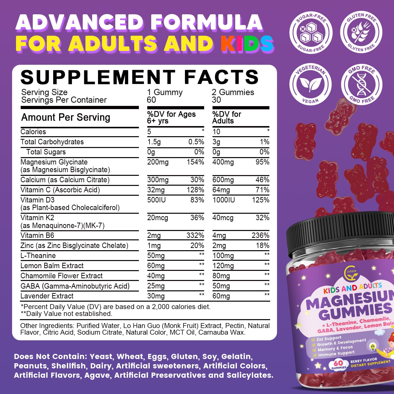 Magnesium Glycinate Gummies 400/200mg for Kids & Adults, NO Melatonin Sleep Aid Magnesium Supplement Gummies with Chamomile, Lavender, L-Theanine & GABA, B6, D3 & K2 for Bone, Relax, Immune Support - TrustMedUSA