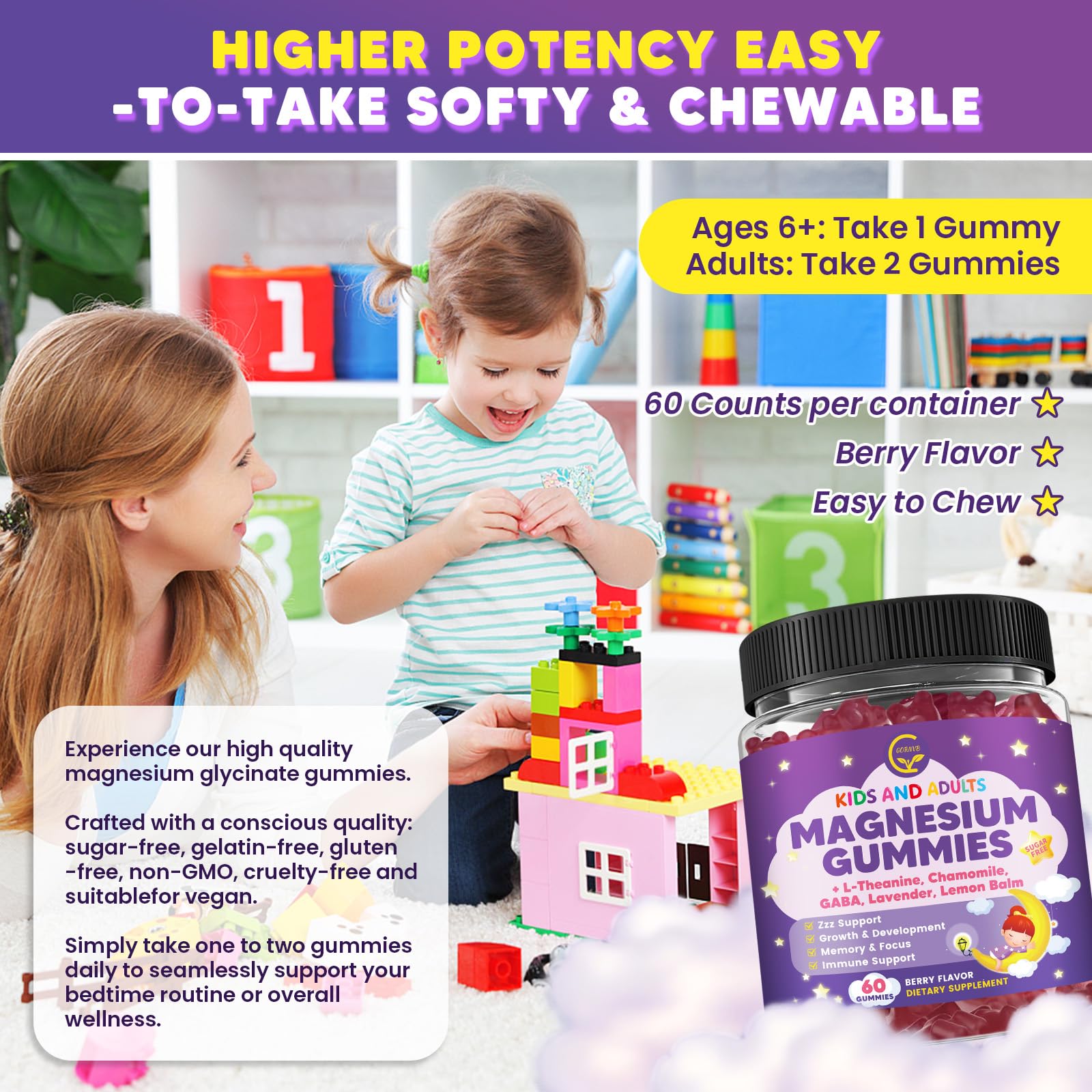 Magnesium Glycinate Gummies 400/200mg for Kids & Adults, NO Melatonin Sleep Aid Magnesium Supplement Gummies with Chamomile, Lavender, L-Theanine & GABA, B6, D3 & K2 for Bone, Relax, Immune Support - TrustMedUSA