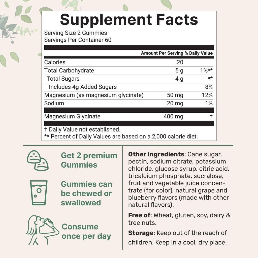 Magnesium Glycinate Gummies 400mg Per Serving, 120 Count | Natural Grape Blueberry Flavor | Potent Elemental Form + Chelated for High Absorption | Healthy Muscle, Bones, & Mood Support Supplement - TrustMedUSA