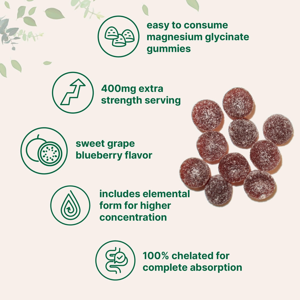 Magnesium Glycinate Gummies 400mg Per Serving, 120 Count | Natural Grape Blueberry Flavor | Potent Elemental Form + Chelated for High Absorption | Healthy Muscle, Bones, & Mood Support Supplement - TrustMedUSA