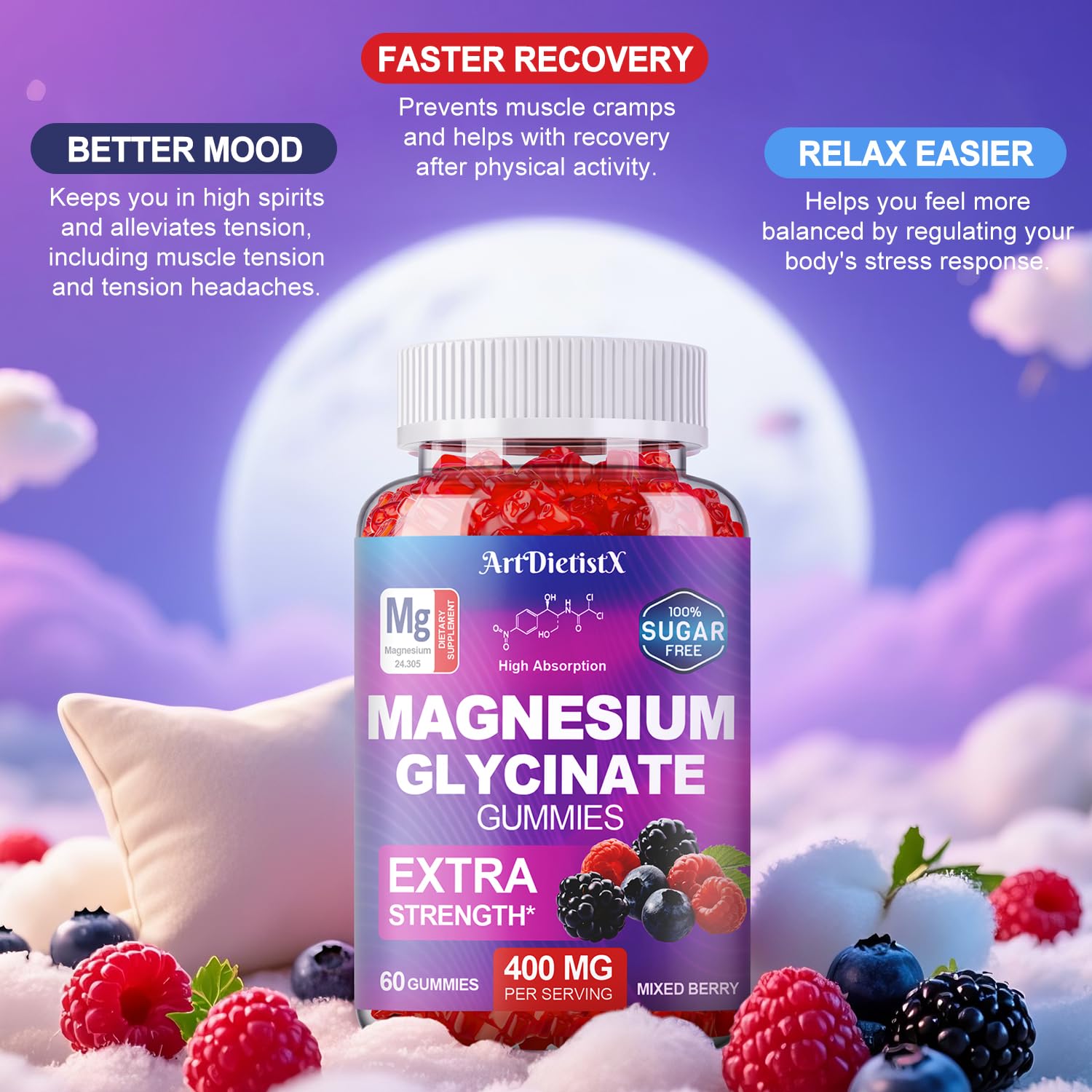 Magnesium Glycinate Gummies 400mg, Sugar Free Mаgnеsium Gummiеs for Adults with Magnesium Malate, Zinc, and Vitamin B6 for Sleep, Body Support and Relaxation, Non GMO, 60 Count-Multi-Flavor - TrustMedUSA