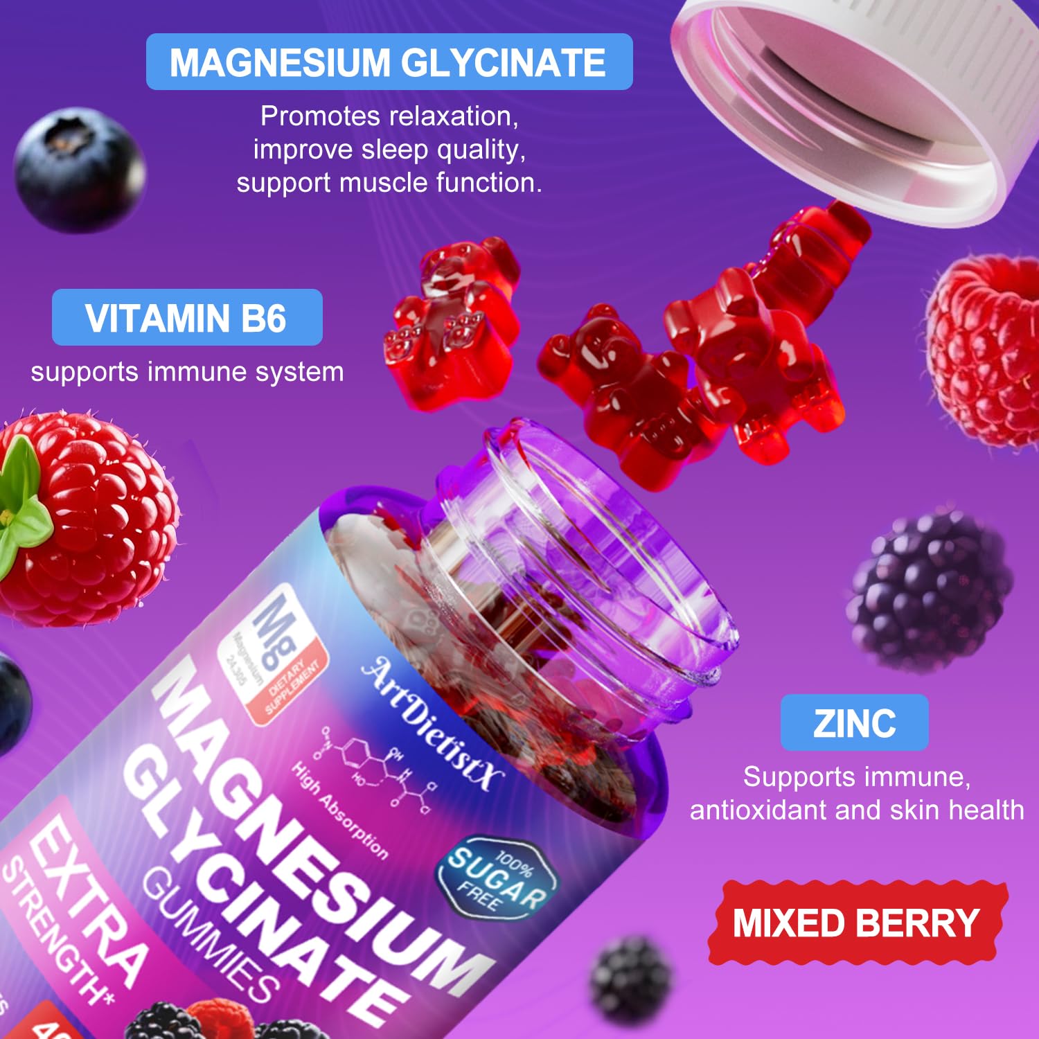 Magnesium Glycinate Gummies 400mg, Sugar Free Mаgnеsium Gummiеs for Adults with Magnesium Malate, Zinc, and Vitamin B6 for Sleep, Body Support and Relaxation, Non GMO, 60 Count-Multi-Flavor - TrustMedUSA