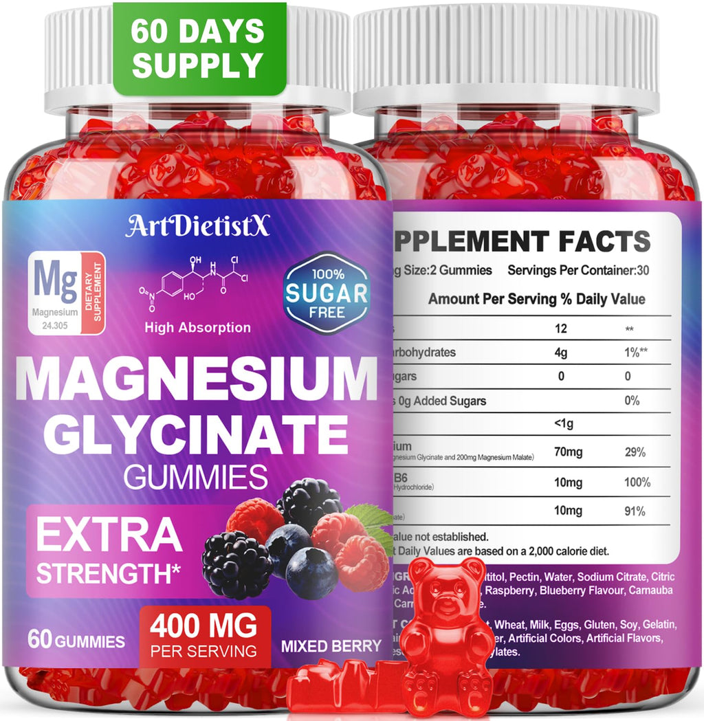 Magnesium Glycinate Gummies 400mg, Sugar Free Mаgnеsium Gummiеs for Adults with Magnesium Malate, Zinc, and Vitamin B6 for Sleep, Body Support and Relaxation, Non GMO, 60 Count-Multi-Flavor - TrustMedUSA