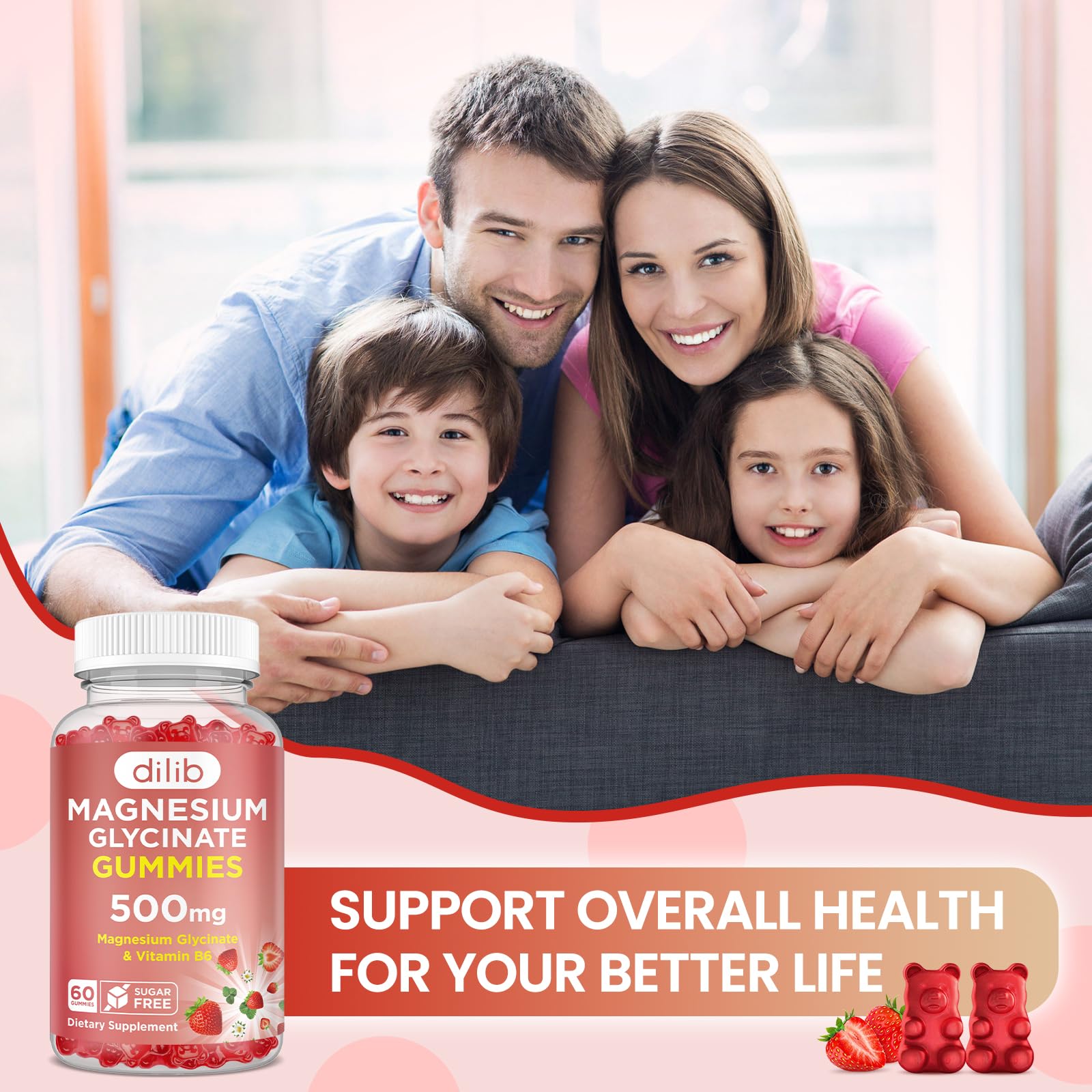 Magnesium Glycinate Gummies 500mg - Magnesium Supplement with Vitamin B6 for Adults & Magnesium for Kids - Calm Magnesium for Sleep, Mood, Muscle Support - Strawberry Flavor, 60 Gummies - TrustMedUSA