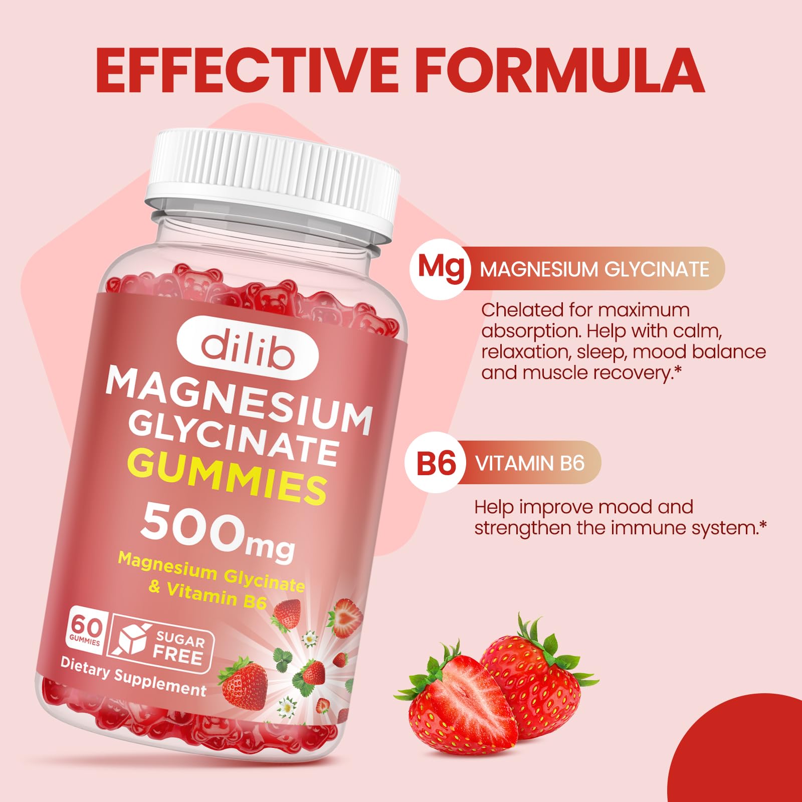 Magnesium Glycinate Gummies 500mg - Magnesium Supplement with Vitamin B6 for Adults & Magnesium for Kids - Calm Magnesium for Sleep, Mood, Muscle Support - Strawberry Flavor, 60 Gummies - TrustMedUSA