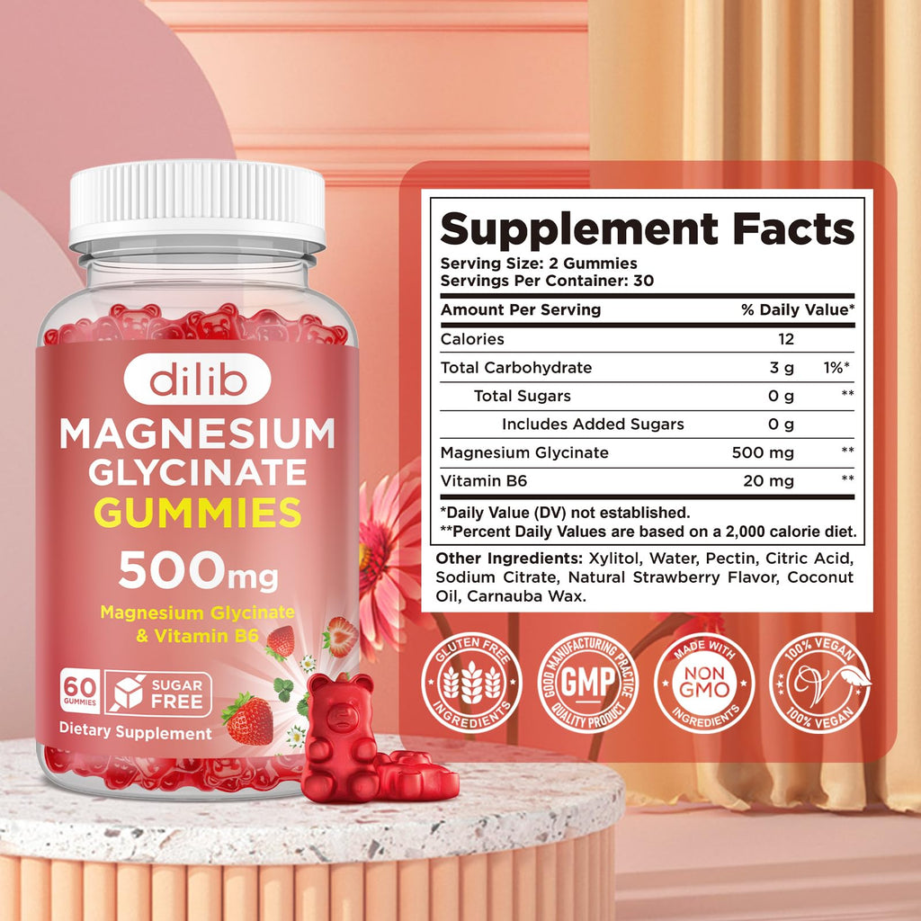 Magnesium Glycinate Gummies 500mg - Magnesium Supplement with Vitamin B6 for Adults & Magnesium for Kids - Calm Magnesium for Sleep, Mood, Muscle Support - Strawberry Flavor, 60 Gummies - TrustMedUSA