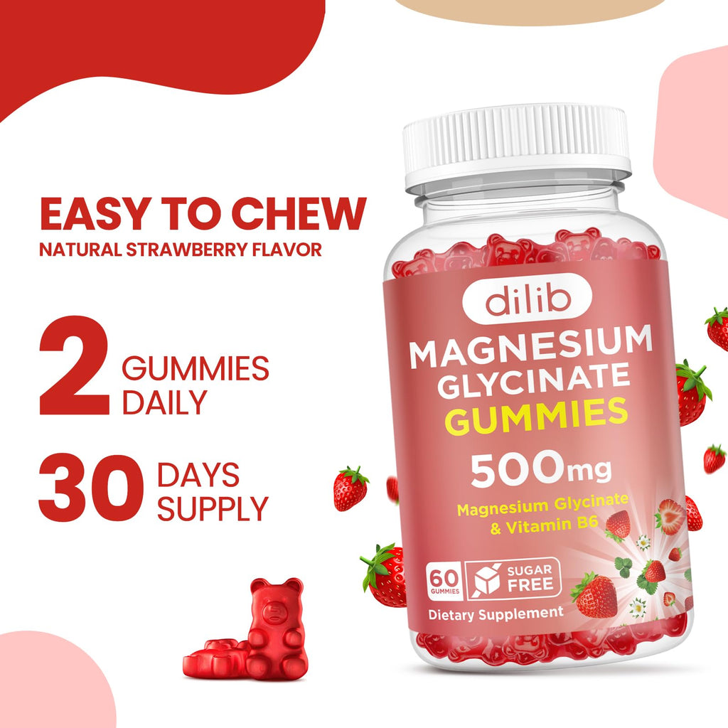 Magnesium Glycinate Gummies 500mg - Magnesium Supplement with Vitamin B6 for Adults & Magnesium for Kids - Calm Magnesium for Sleep, Mood, Muscle Support - Strawberry Flavor, 60 Gummies - TrustMedUSA