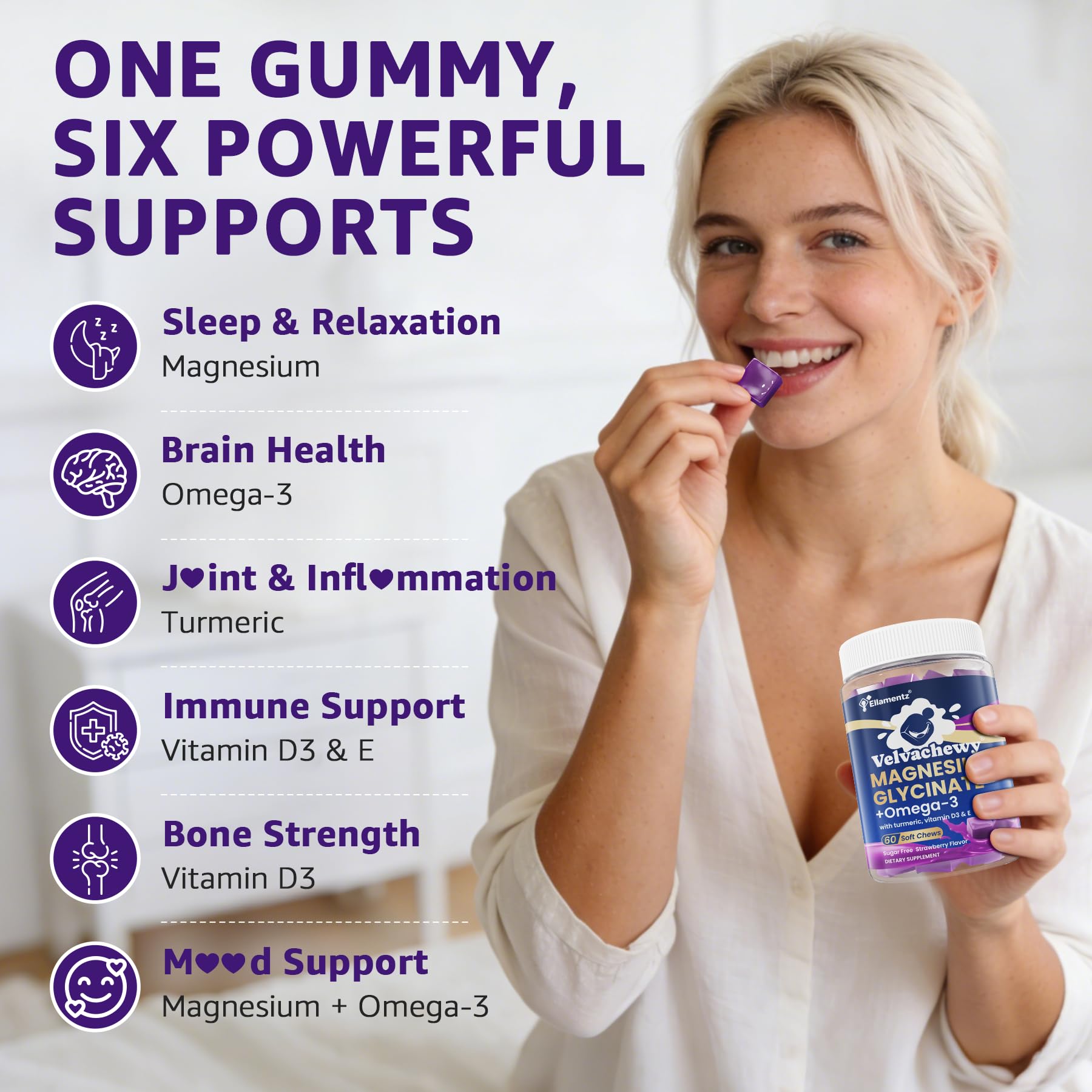 Magnesium Glycinate Gummies 500mg - Magnesium with Omega-3, Turmeric, Vitamin D3 & E | Magnesium Glycinate Soft Chews for Adults - TrustMedUSA