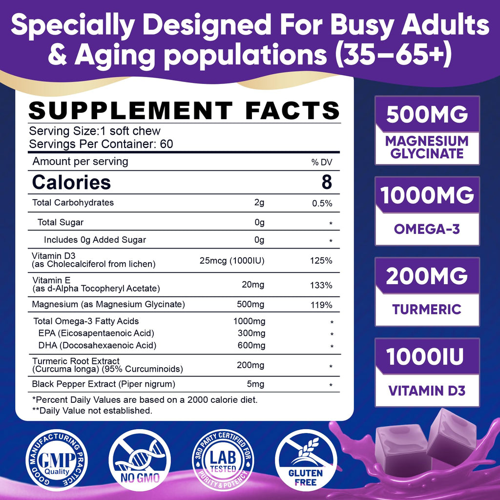 Magnesium Glycinate Gummies 500mg - Magnesium with Omega-3, Turmeric, Vitamin D3 & E | Magnesium Glycinate Soft Chews for Adults - TrustMedUSA