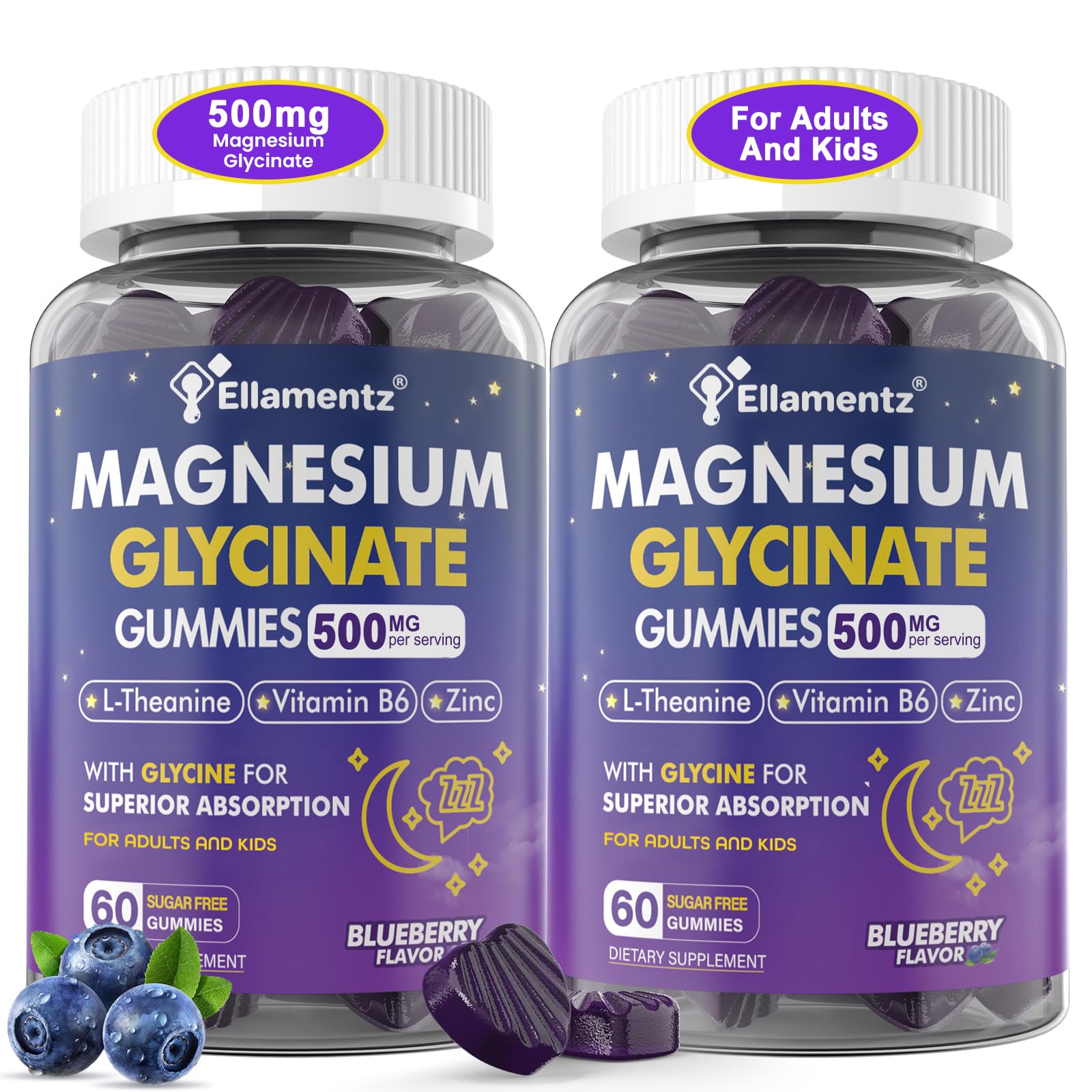 Magnesium Glycinate Gummies 500mg/250mg for Adults Kids Teens, Sugar Free Magnesium Calm Sleep Aid, Kids Sleep Gummies with L-Theanine Glycine B6 for Sleep, Calm, Muscle,Relax Brain,No Melatonin,2Pack - TrustMedUSA