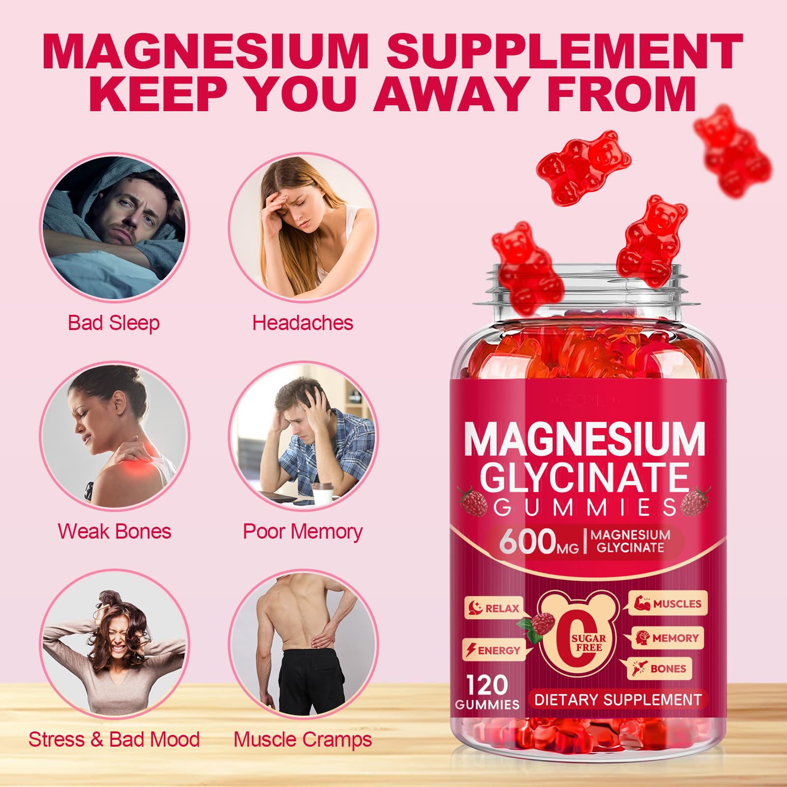 Magnesium Glycinate Gummies 600mg, Sugar Free Magnesium Gummies for Adults, Chewable Potassium Supplements for Body Support - TrustMedUSA