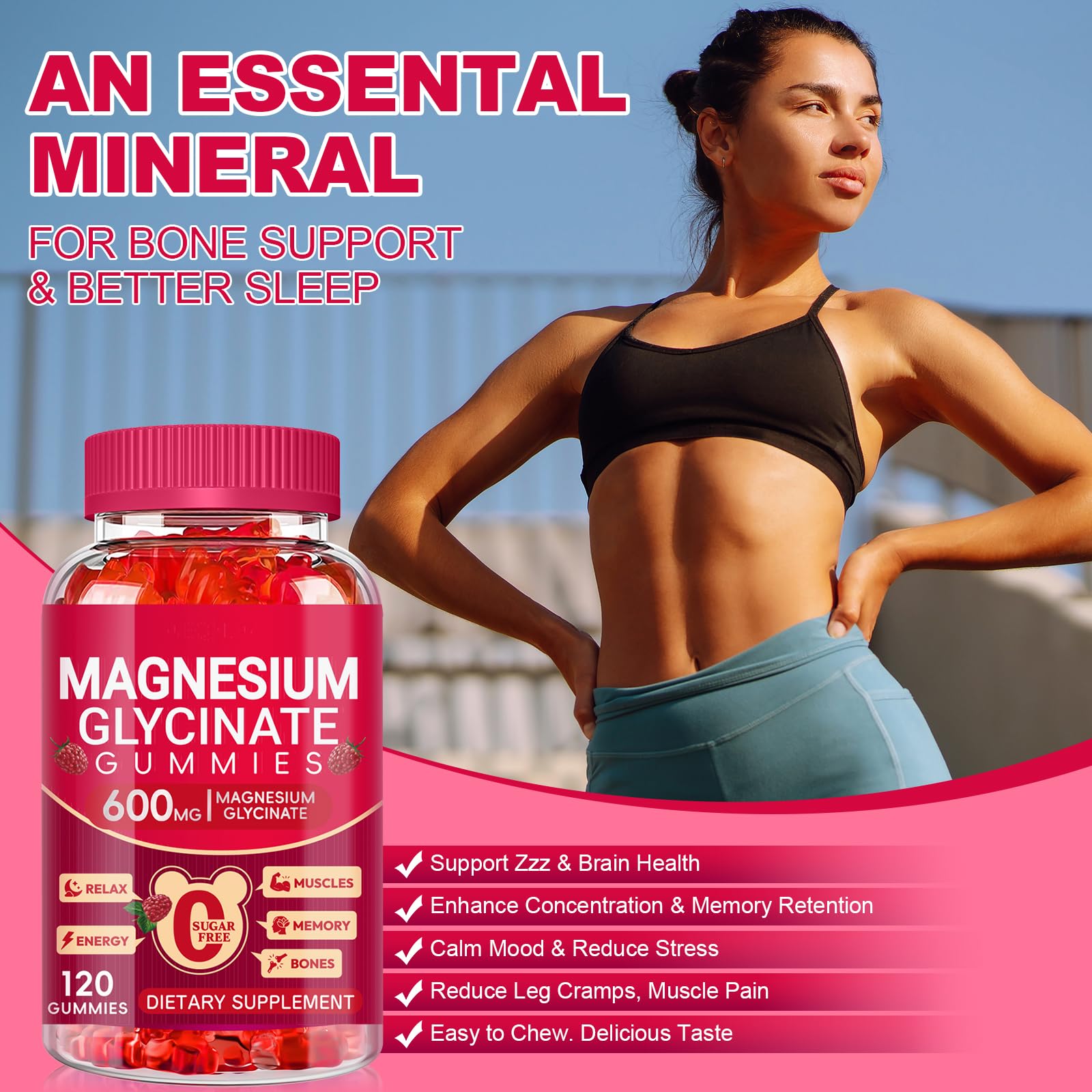 Magnesium Glycinate Gummies 600mg, Sugar Free Magnesium Gummies for Adults, Chewable Potassium Supplements for Body Support - TrustMedUSA