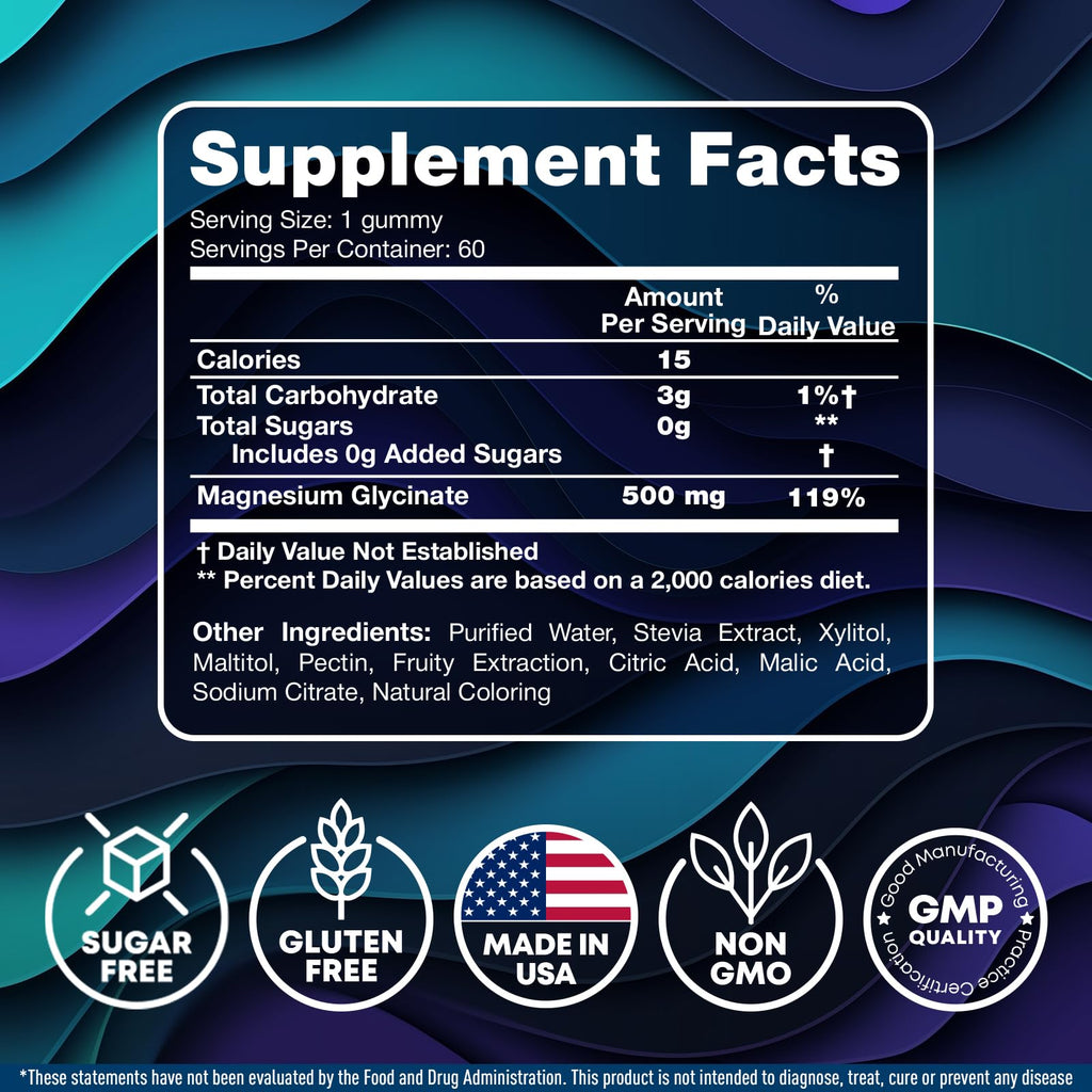 Magnesium Glycinate Gummies for Adults 500mg - Chewable Magnesium Glycinate for Kids Sleep, Glicinato De Magnesio para Mujeres, 60 Count - TrustMedUSA