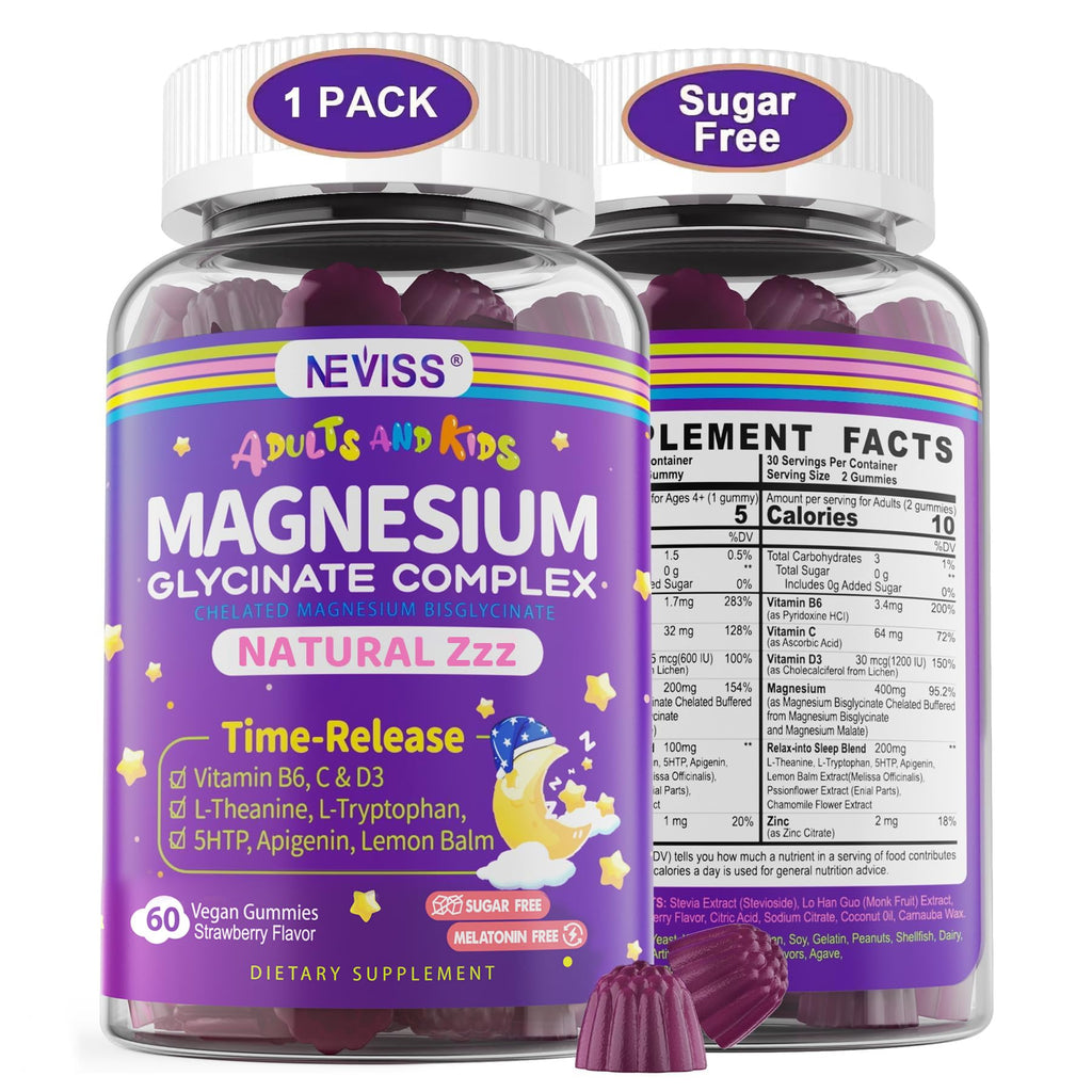 Magnesium Glycinate Gummies for Adults & Kids 4+, Sugar Free Magnesium Bisglycinate Supplement 400/200mg with B6D3, 5HTP, L-Theanine for Sleep & Relaxation - TrustMedUSA