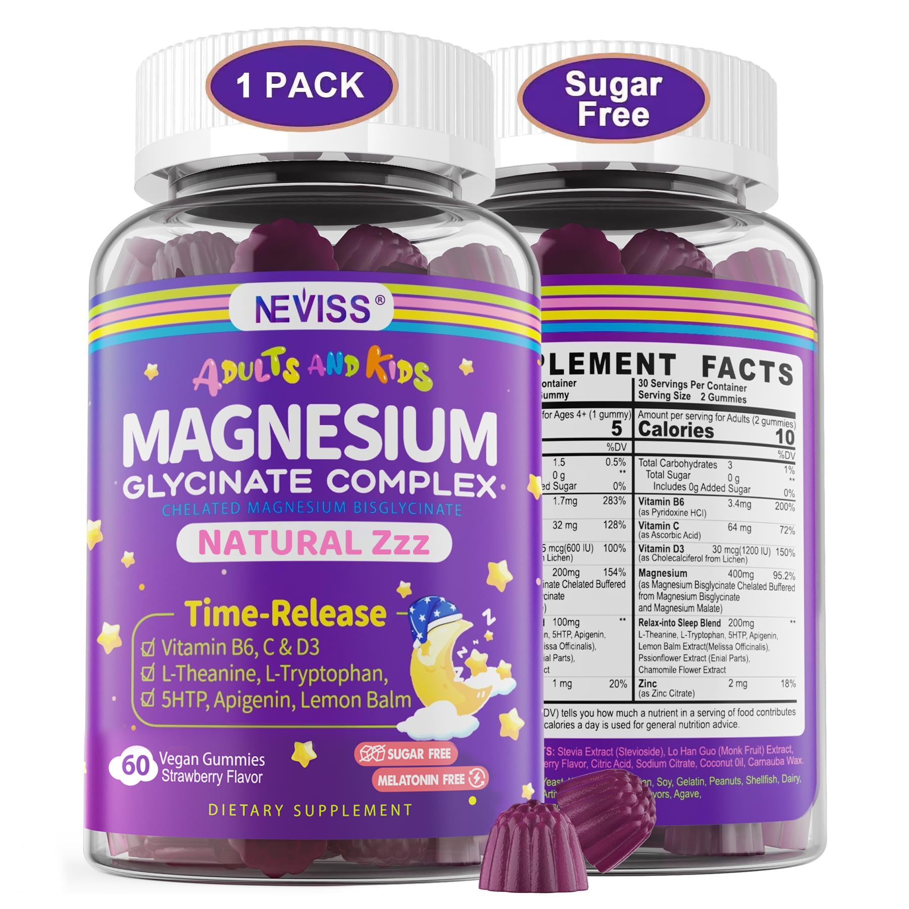 Magnesium Glycinate Gummies for Adults & Kids 4+, Sugar Free Magnesium Bisglycinate Supplement 400/200mg with B6D3, 5HTP, L-Theanine for Sleep & Relaxation - TrustMedUSA
