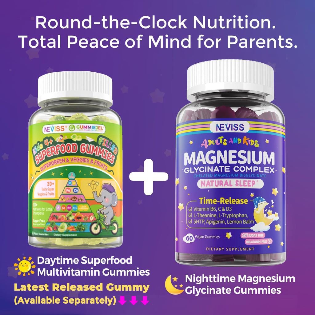 Magnesium Glycinate Gummies for Adults & Kids 4+, Sugar Free Magnesium Bisglycinate Supplement 400/200mg with B6D3, 5HTP, L-Theanine for Sleep & Relaxation, Brain, Muscle, Melatonin Free Gummies,2Pack - TrustMedUSA